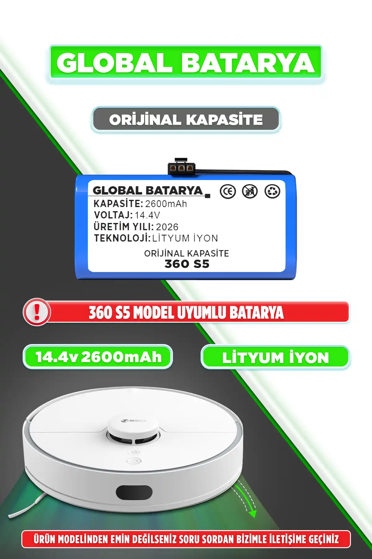  360 S5 Uyumlu Robot Süpürge Bataryası 14.4v 2600mAh Li-ion Pil (Orijinal Kapasite)