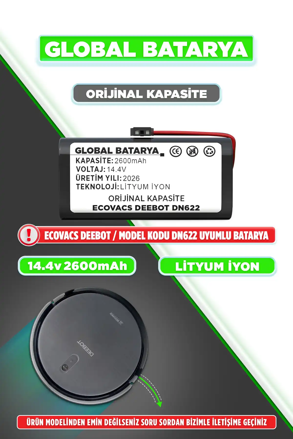  Ecovacs Deebot DN622 Robot Süpürge Bataryası 2600mAh