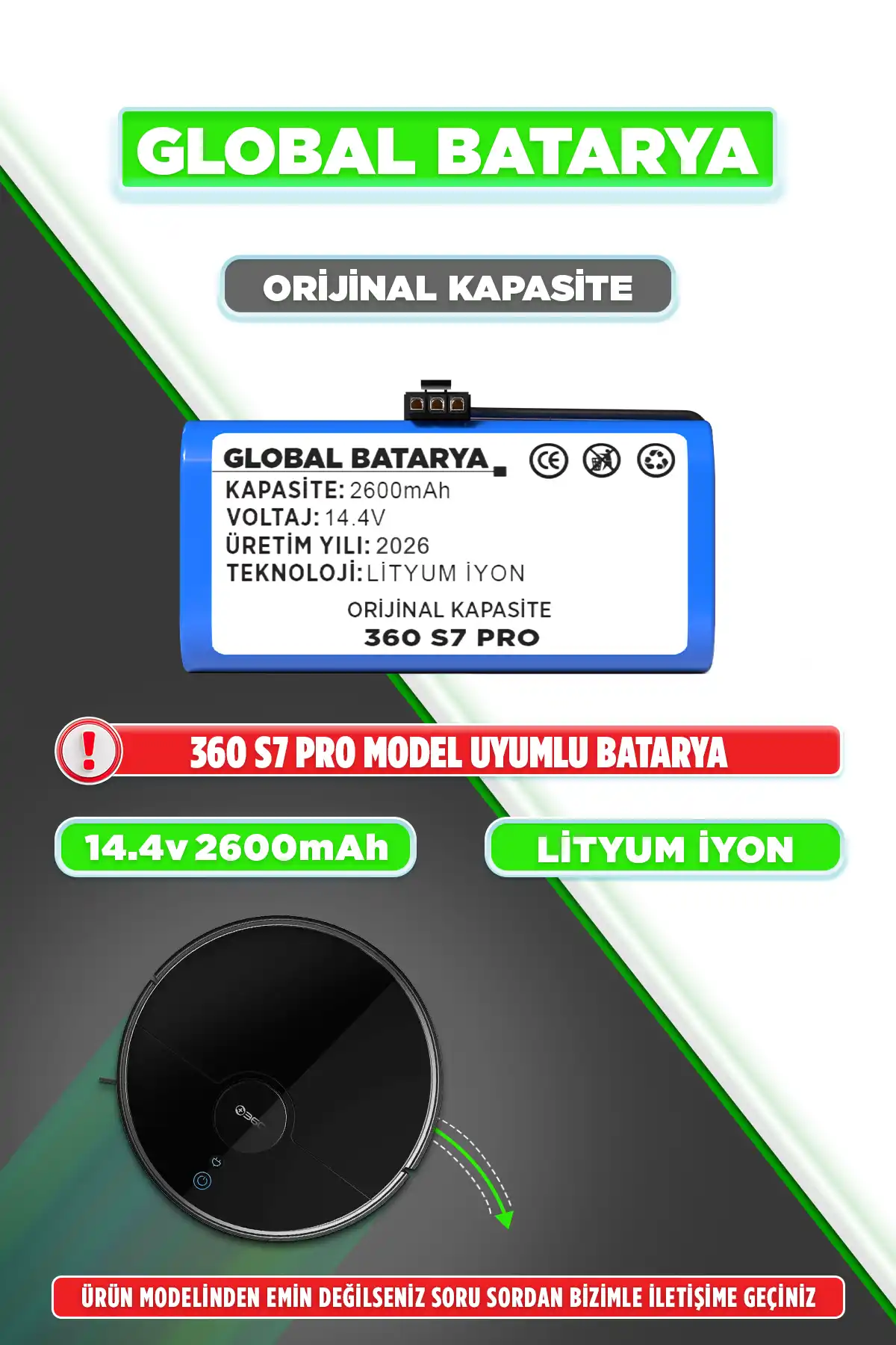 360 S7 Pro Uyumlu Robot Süpürge Bataryası 14.4v 2600mAh Li-ion Pil (Orijinal Kapasite)