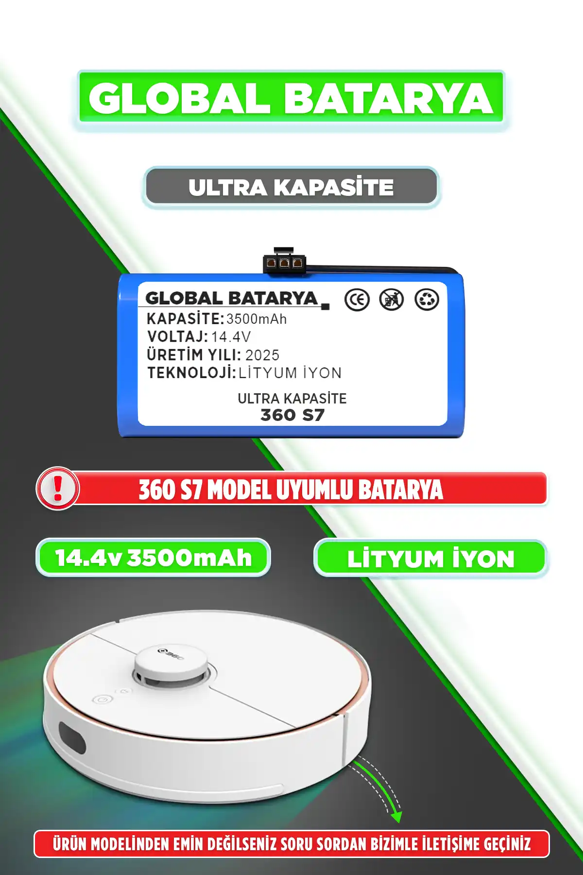 360 S7 Uyumlu Robot Süpürge Bataryası 14.4v 3500mAh Li-ion Pil (Ultra Kapasite)