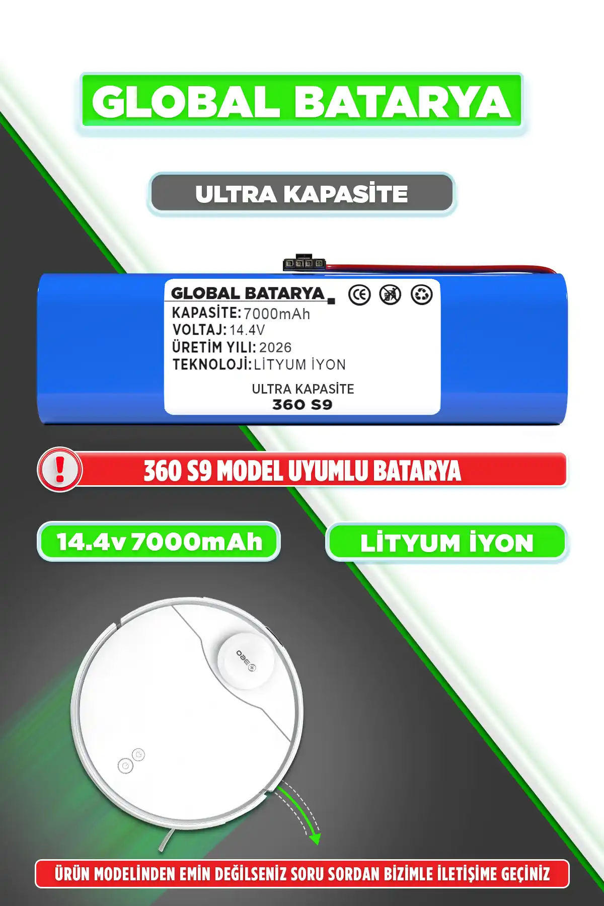 360 S9 Uyumlu Robot Süpürge Bataryası 14.4v 7000mAh Li-ion Pil (Ultra Kapasite)