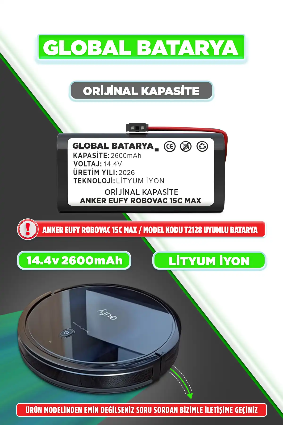 Anker Eufy Robovac 15C Max Uyumlu Robot Süpürge Bataryası 14.4v 2600mAh Pil (Orijinal Kapasite)