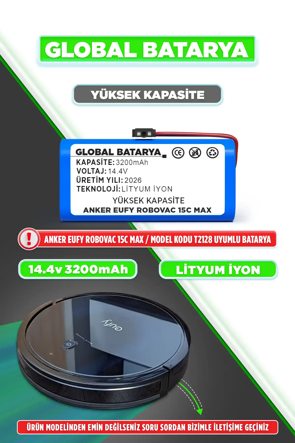 Anker Eufy Robovac 15C Max Uyumlu Robot Süpürge Bataryası 14.4v 3200mAh Pil (Yüksek Kapasite)