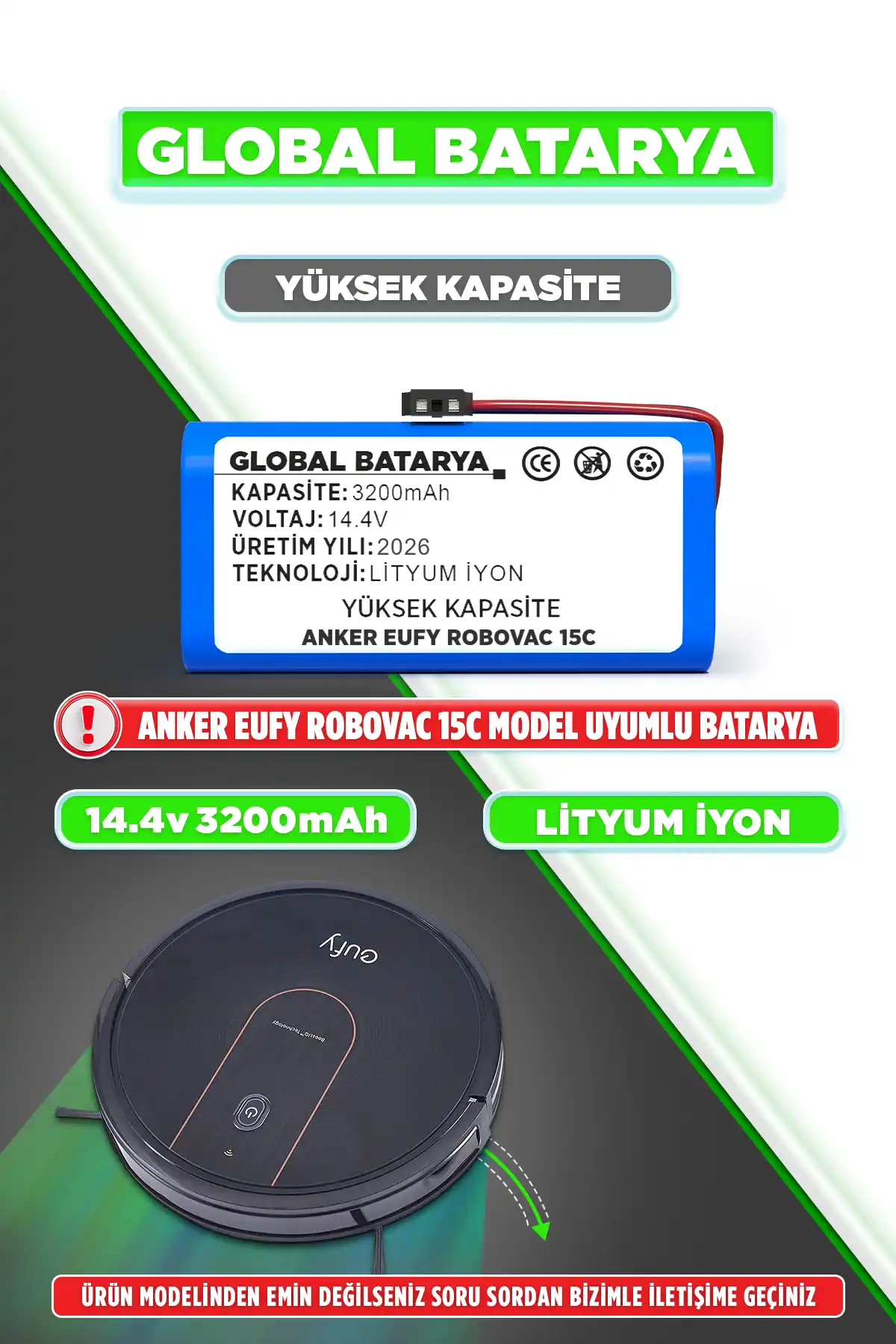 Anker Eufy Robovac 15C Uyumlu Robot Süpürge Bataryası 14.4v 3200mAh Pil (Yüksek Kapasite)