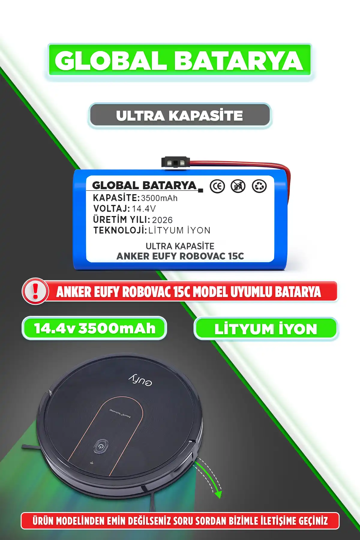 Anker Eufy Robovac 15C Uyumlu Robot Süpürge Bataryası 14.4v 3500mAh Pil (Ultra Kapasite)
