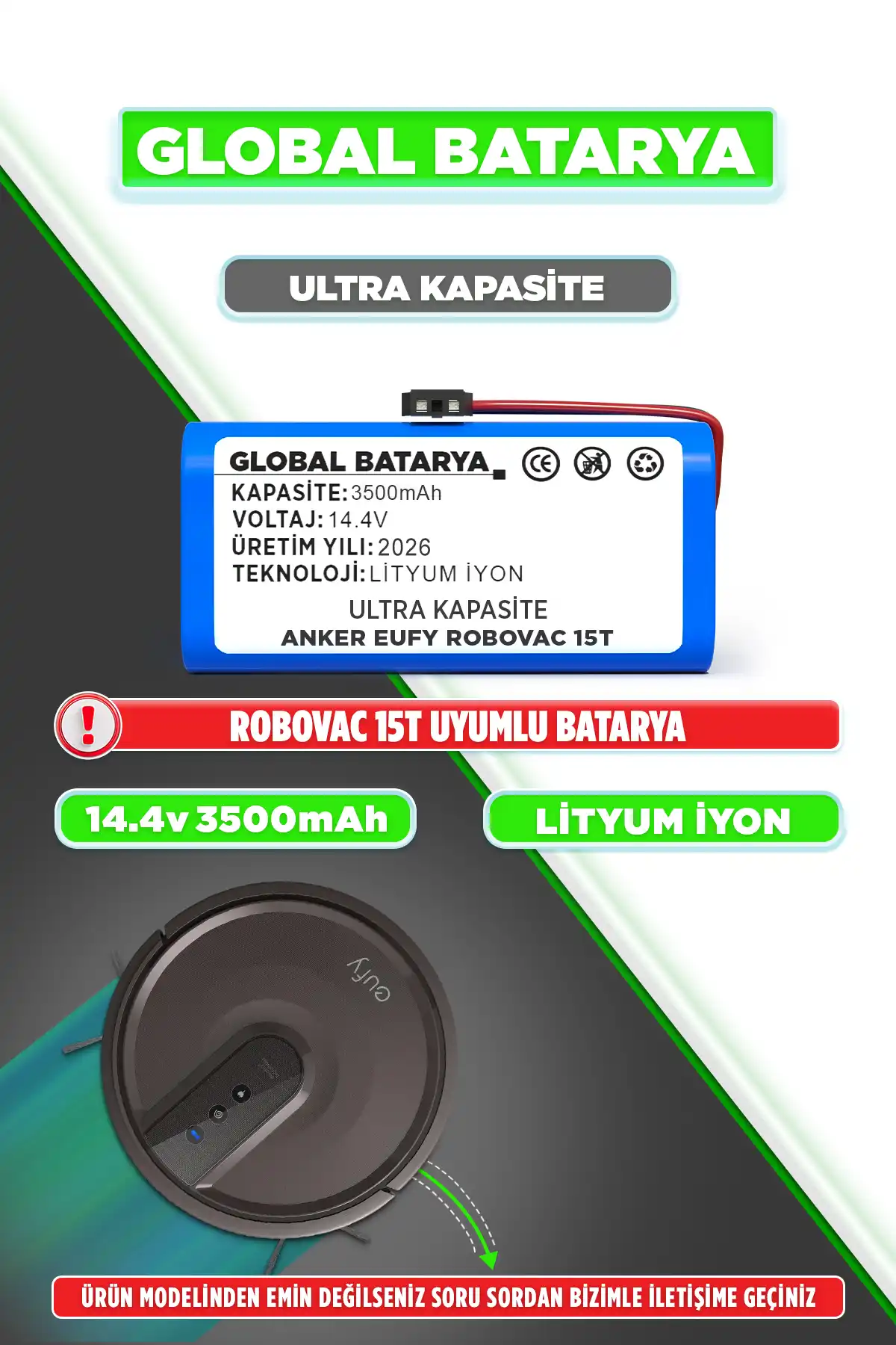 Anker Eufy Robovac 15T Uyumlu Robot Süpürge Bataryası 14.4v 3500mAh Pil (Ultra Kapasite)