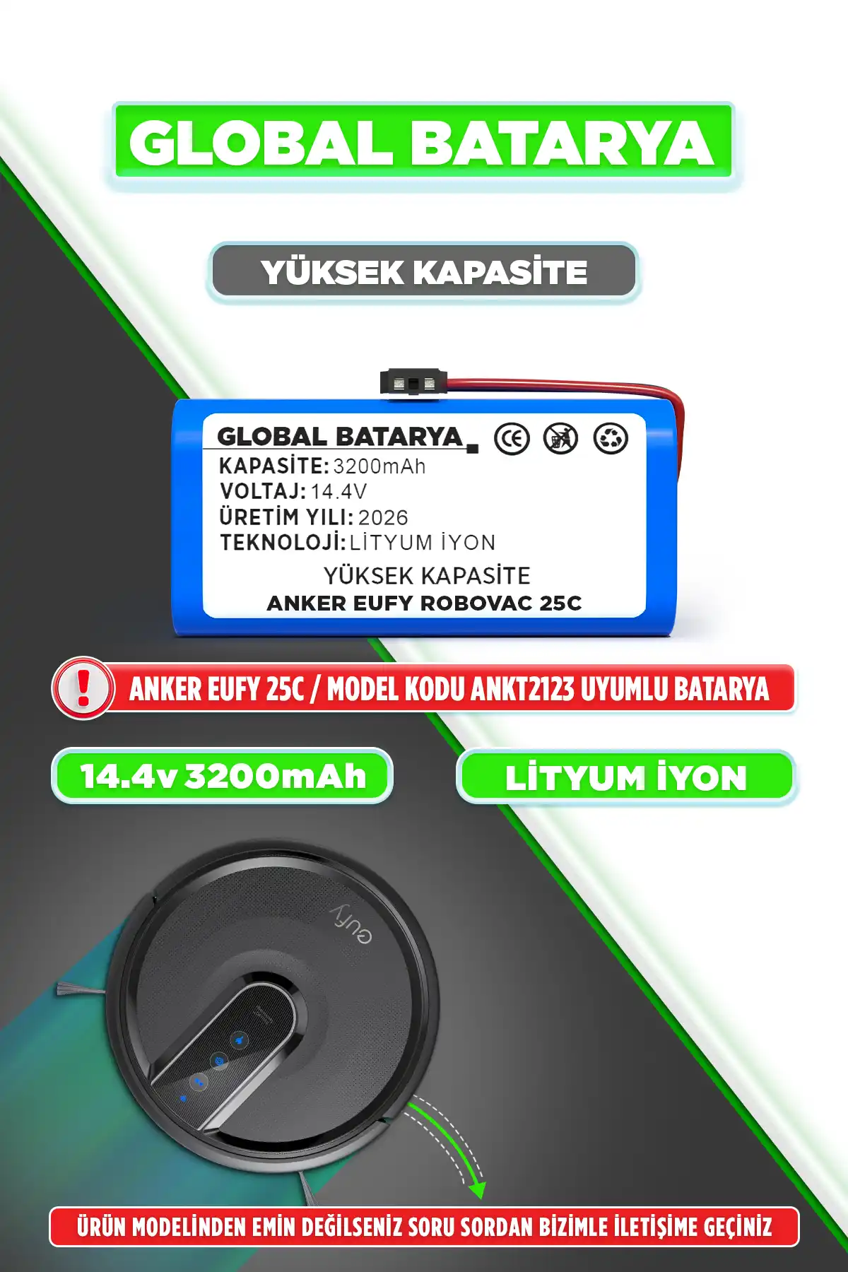 Anker Eufy Robovac 25C Uyumlu Robot Süpürge Bataryası 14.4v 3200mAh Pil (Yüksek Kapasite)
