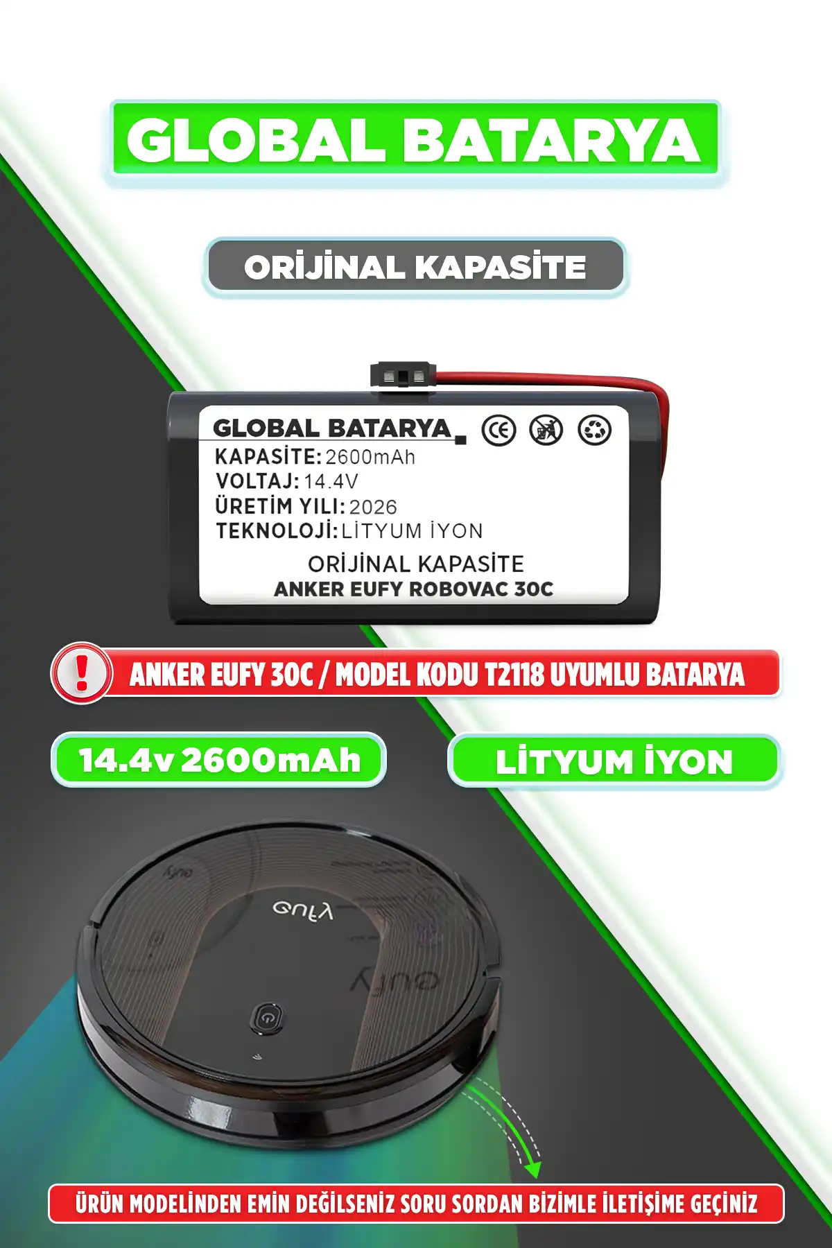 Anker Eufy Robovac 30C Uyumlu Robot Süpürge Bataryası 14.4v 2600mAh Pil (Orijinal Kapasite)