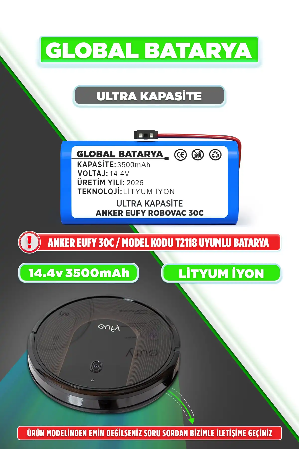Anker Eufy Robovac 30C Uyumlu Robot Süpürge Bataryası 14.4v 3500mAh Pil (Ultra Kapasite)