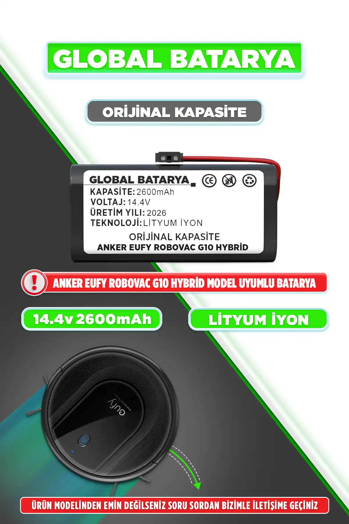 Anker Eufy Robovac G10 Hybrid Uyumlu Robot Süpürge Bataryası 14.4v 2600mAh Pil (Orijinal Kapasite)