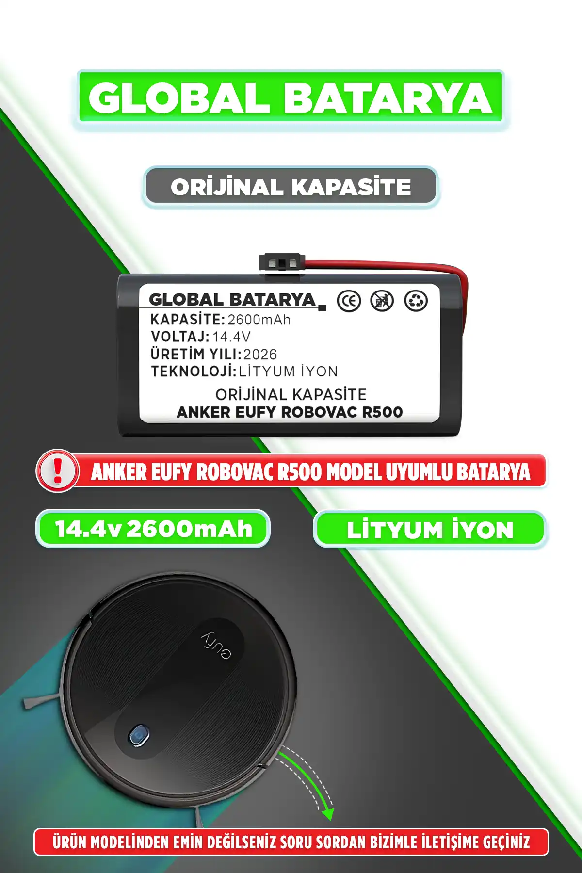 Anker Eufy Robovac R500 Robot Süpürge Bataryası 2600mAh Lityum İyon Pil Orijinal Kapasite