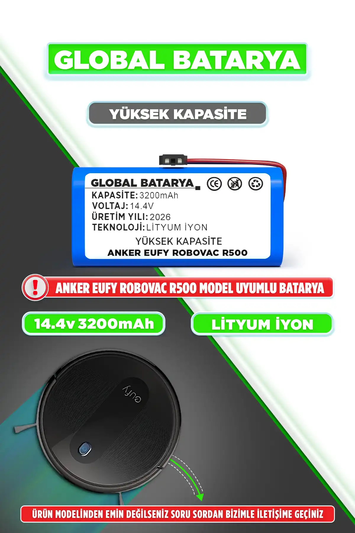 Anker Eufy Robovac R500 Robot Süpürge Bataryası 3200mAh Lityum İyon Pil Yüksek Kapasite