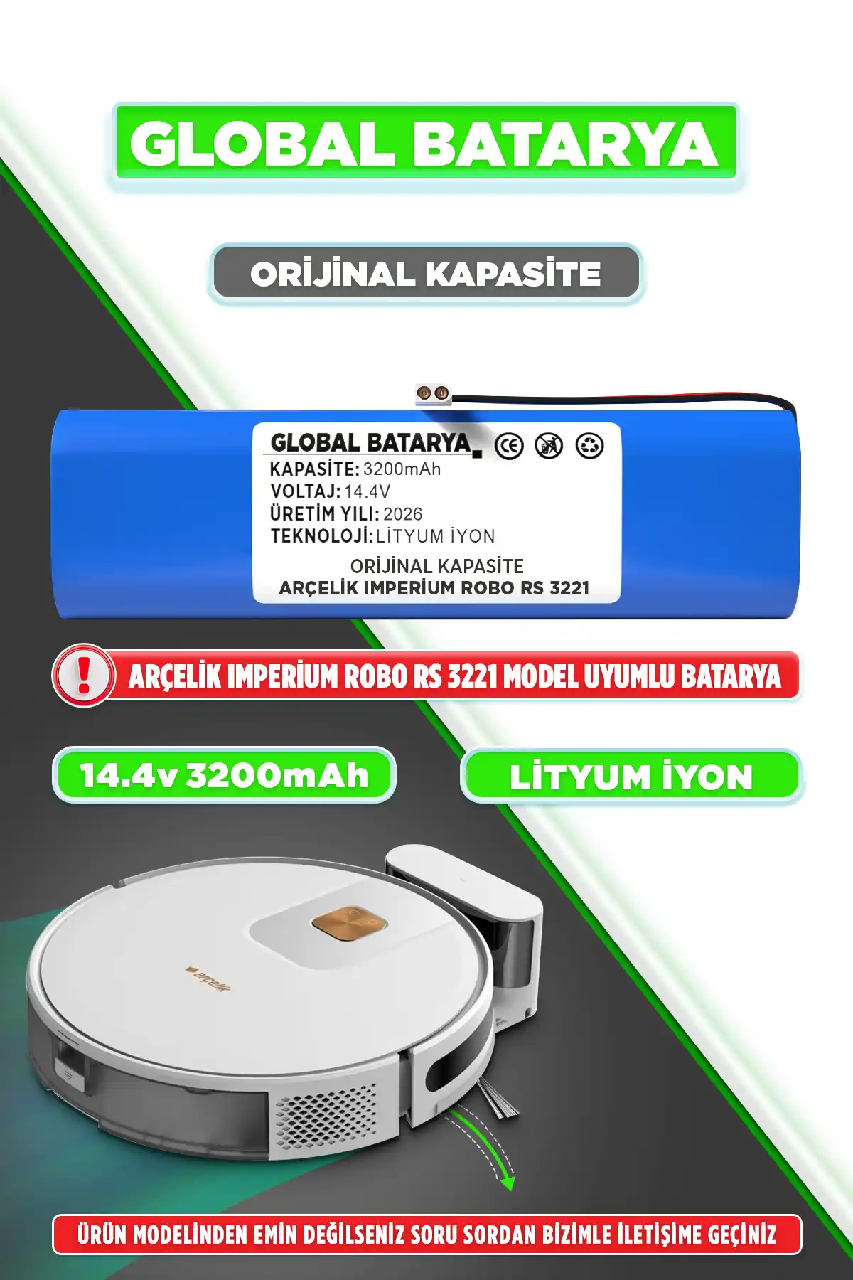 Arçelik Imperium Robo Rs 3221 Batarya 3200mAh Lityum İyon Pil Orijinal Kapasite