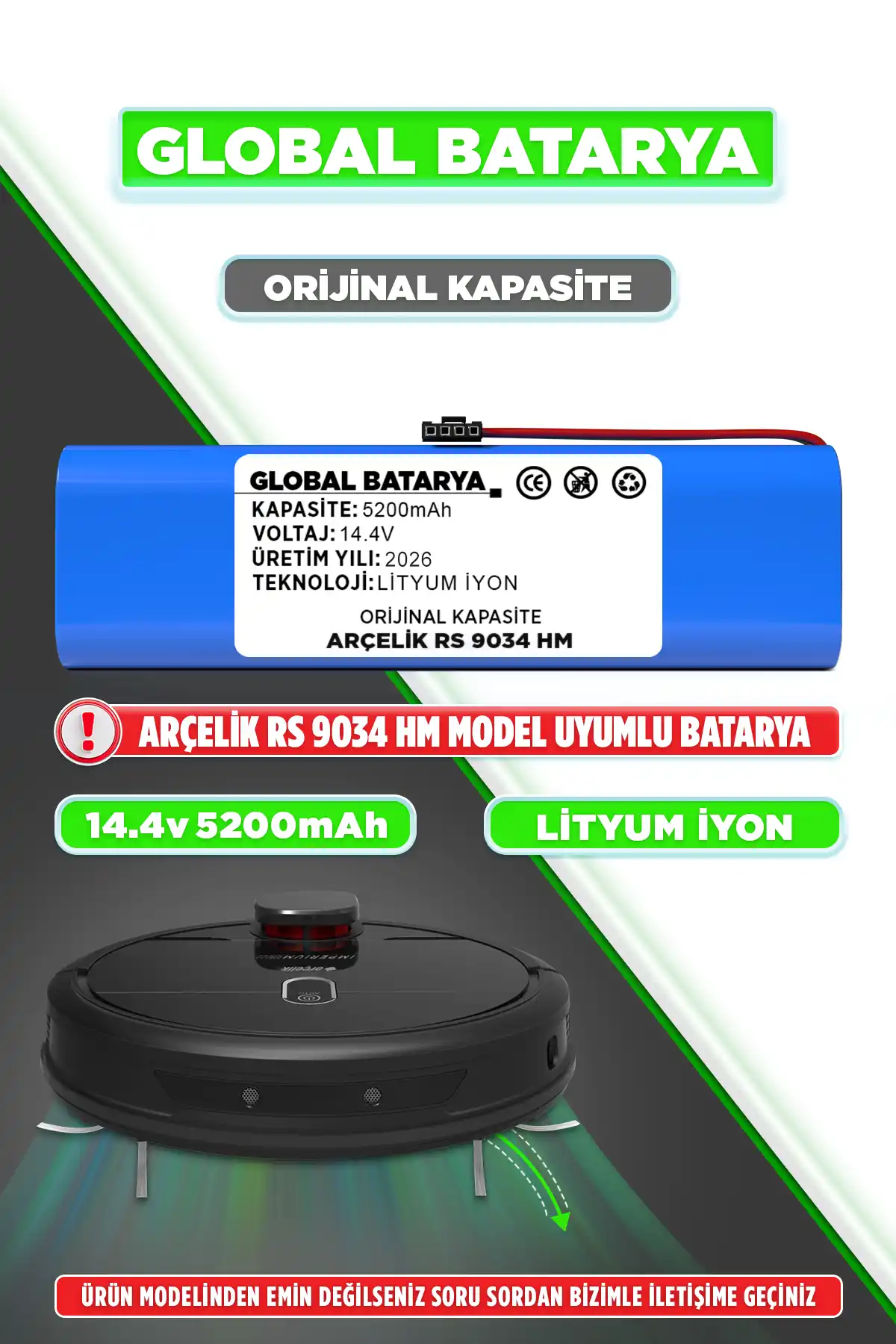 Arçelik Robo Rs 9034 Hm Batarya 5200mAh Lityum İyon Pil Orijinal Kapasite