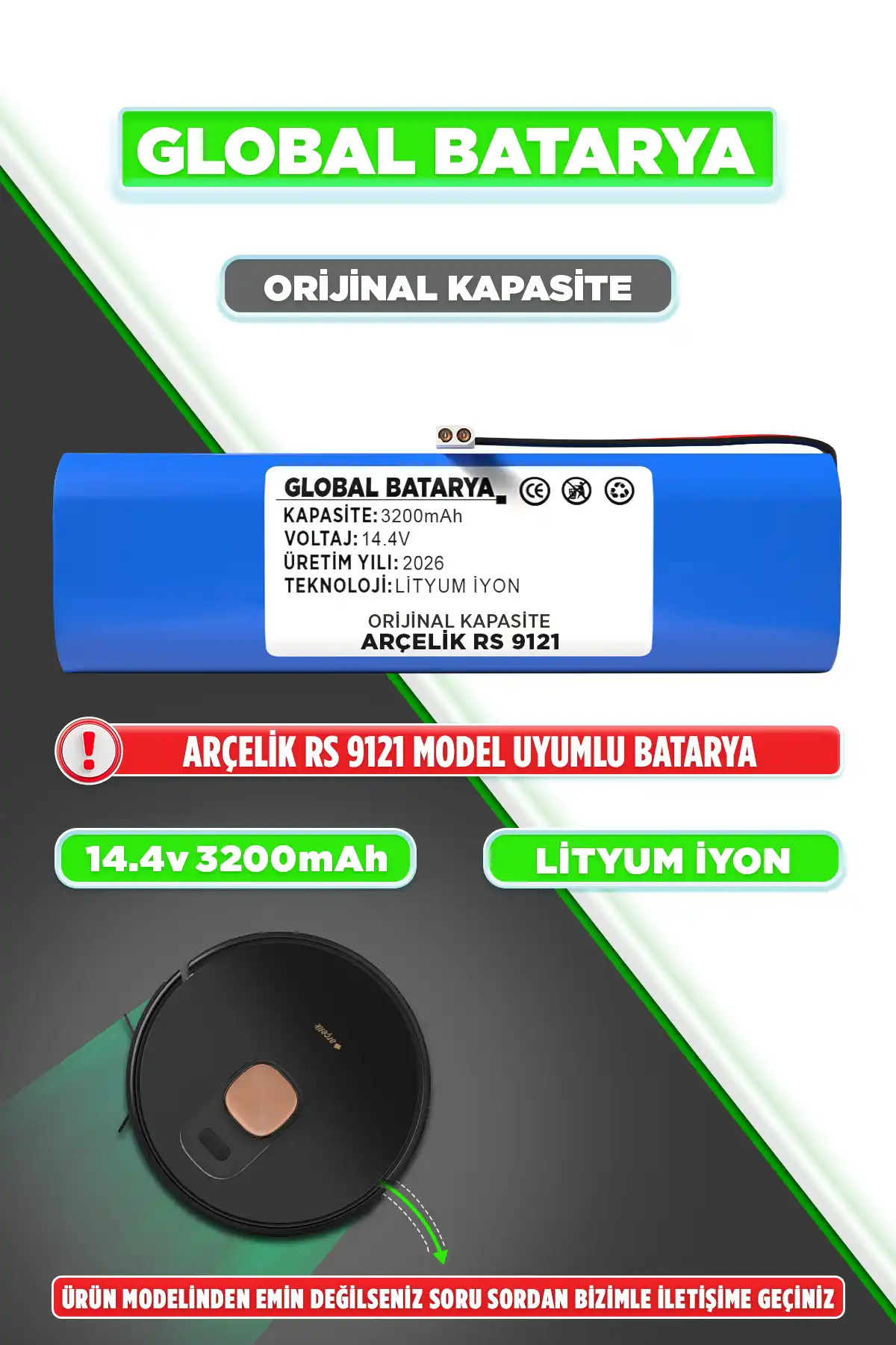 Arçelik Robo RS 9121 Robot Süpürge Bataryası 14.4v 3200mAh Li-ion Pil (Orijinal Kapasite)
