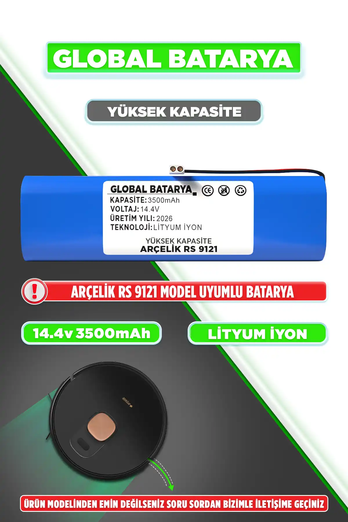 Arçelik Robo RS 9121 Robot Süpürge Bataryası 14.4v 3500mAh Li-ion Pil (Yüksek Kapasite)