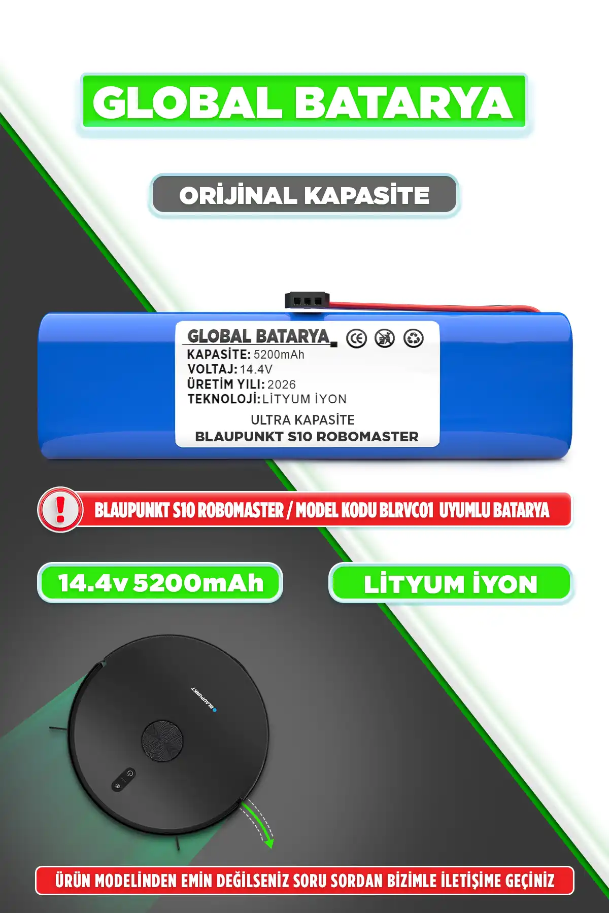 Blaupunkt S10 Robomaster Uyumlu Robot Süpürge Bataryası 5200mAh Orijinal Kapasite