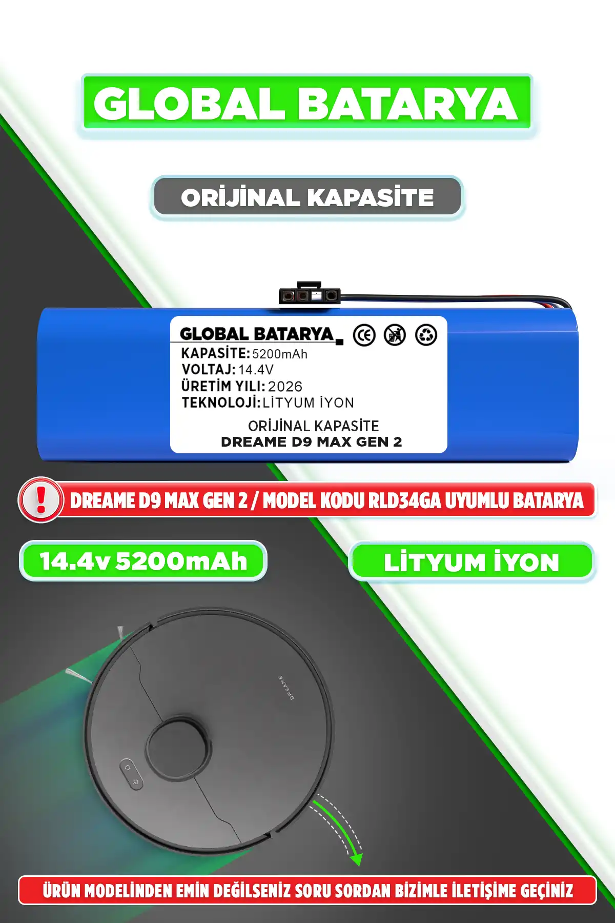 Dreame D9 Max Gen 2 Batarya 5200mAh Li-ion Pil Orijinal Kapasite
