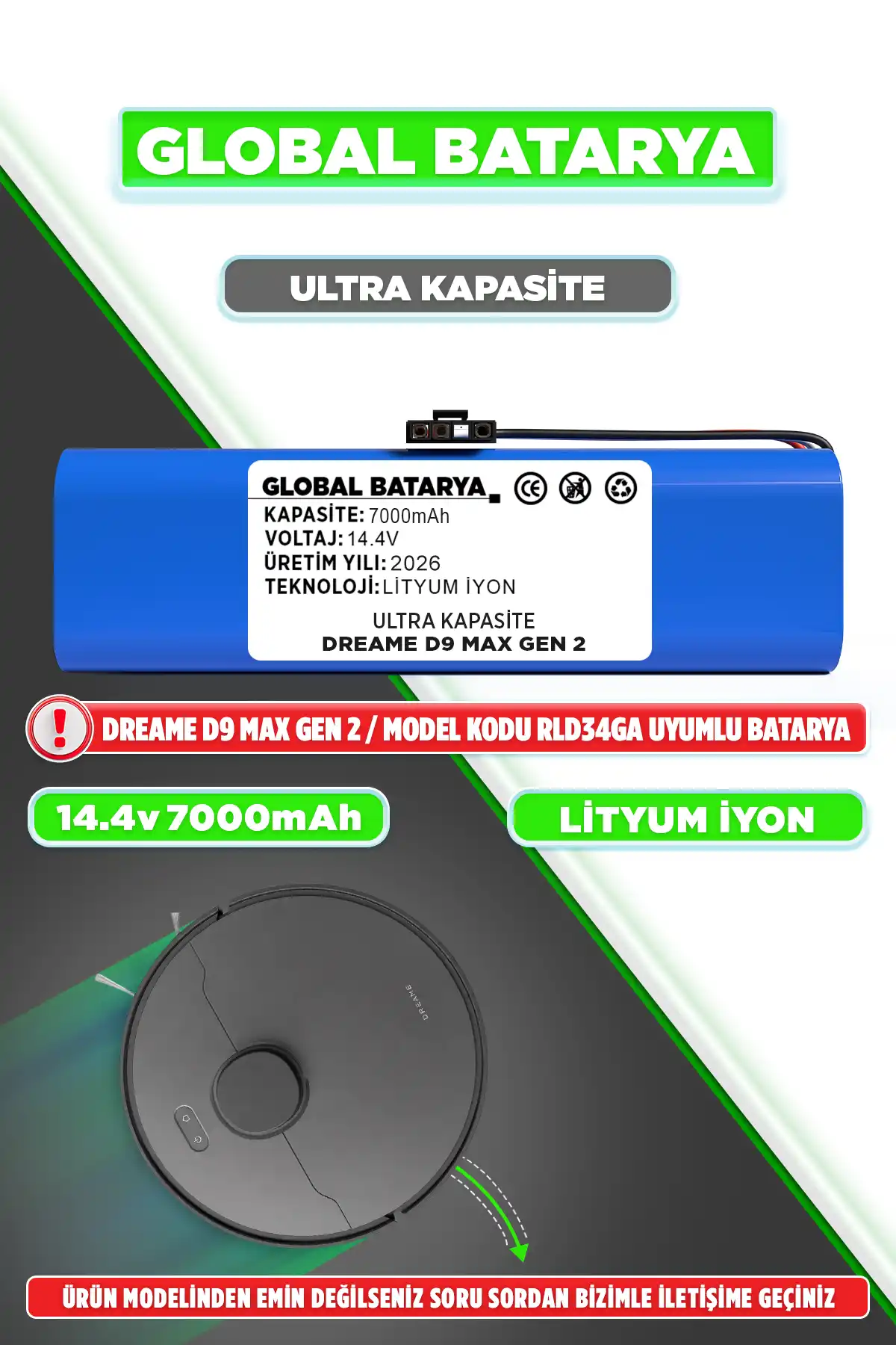 Dreame D9 Max Gen 2 Batarya 7000mAh Li-ion Pil Ultra Kapasite