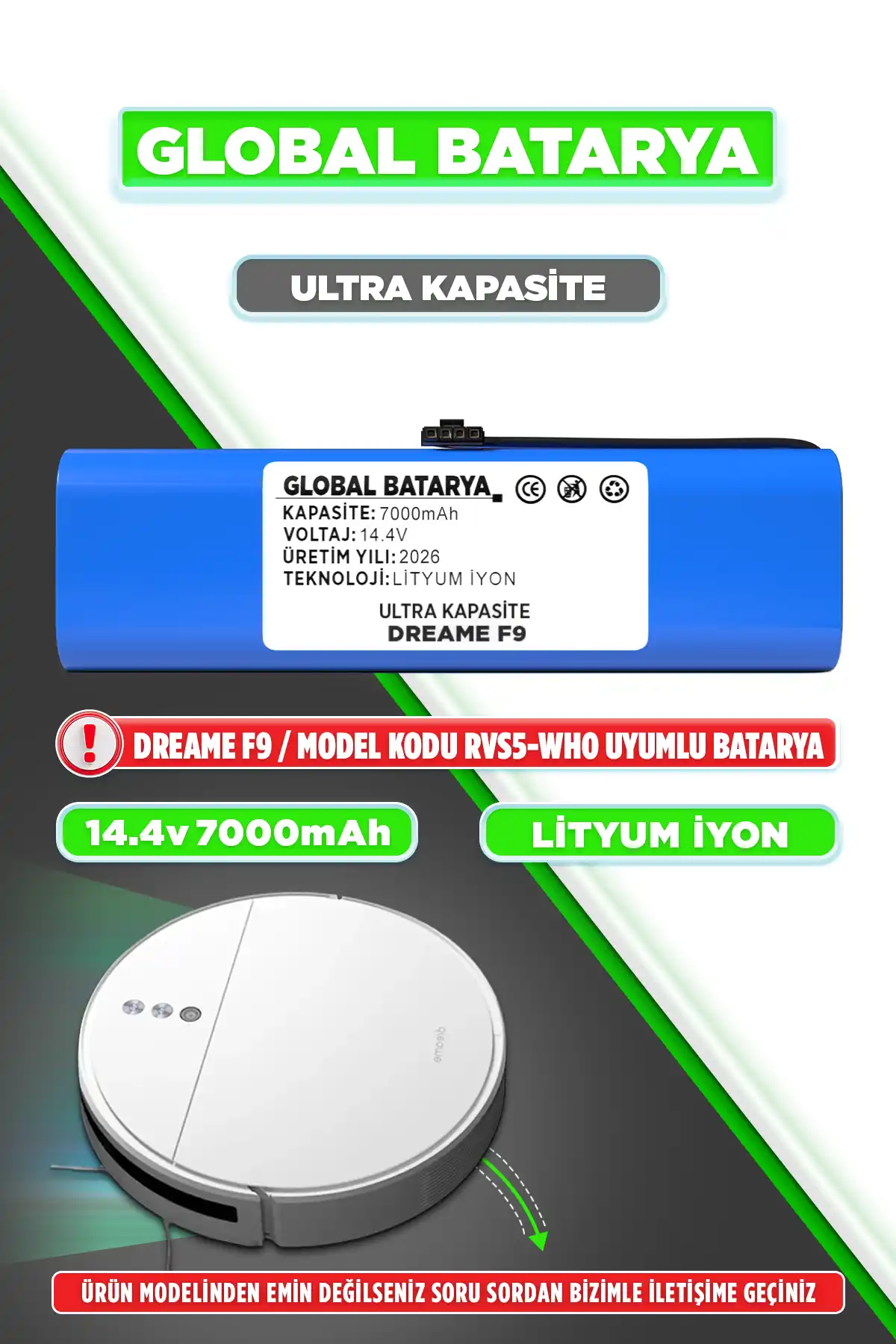 Dreame F9 Batarya 7000mAh Lityum İyon Pil 