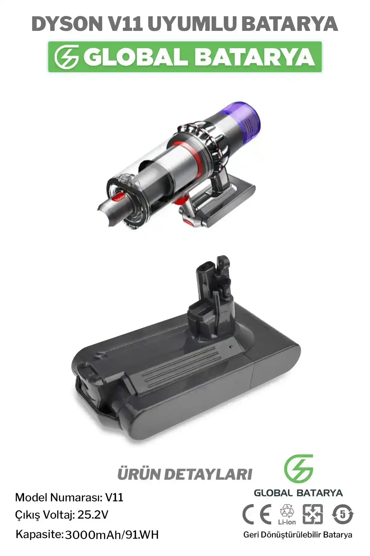 Dyson V11 Batarya 3000mAh Lityum İyon Pil (Vidalı Model)