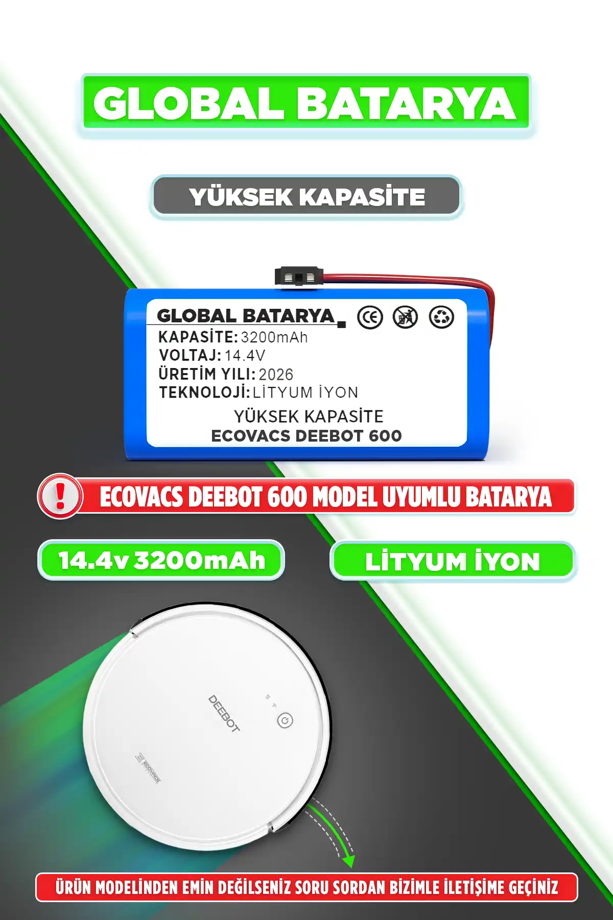 Ecovacs Deebot 600 Batarya 3200mAh Li-ion Pil Yüksek Kapasite