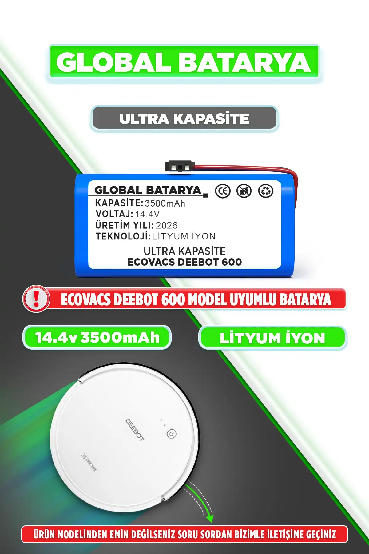 Ecovacs Deebot 600 Batarya 3500mAh Li-ion Pil Ultra Kapasite