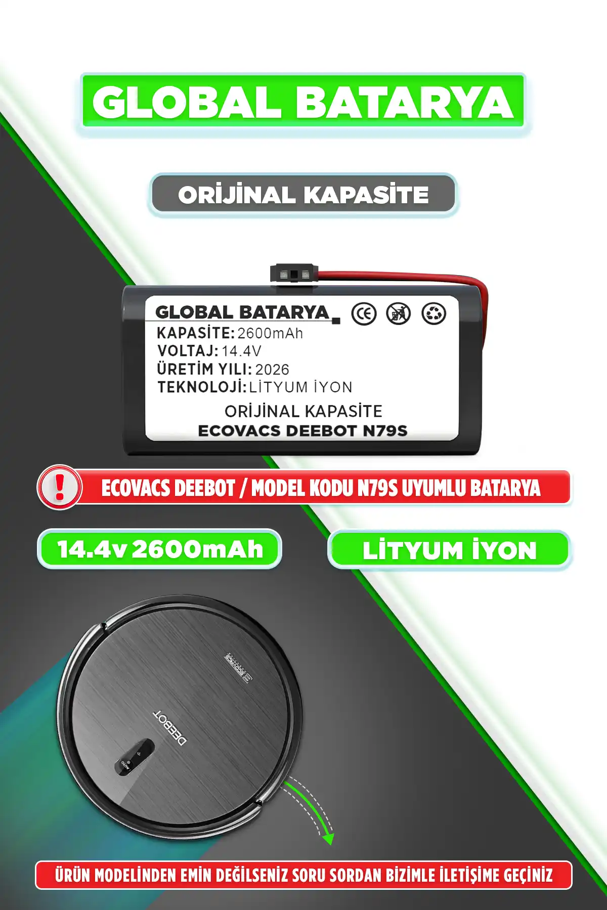 Ecovacs Deebot N79S Robot Süpürge Bataryası 2600mAh