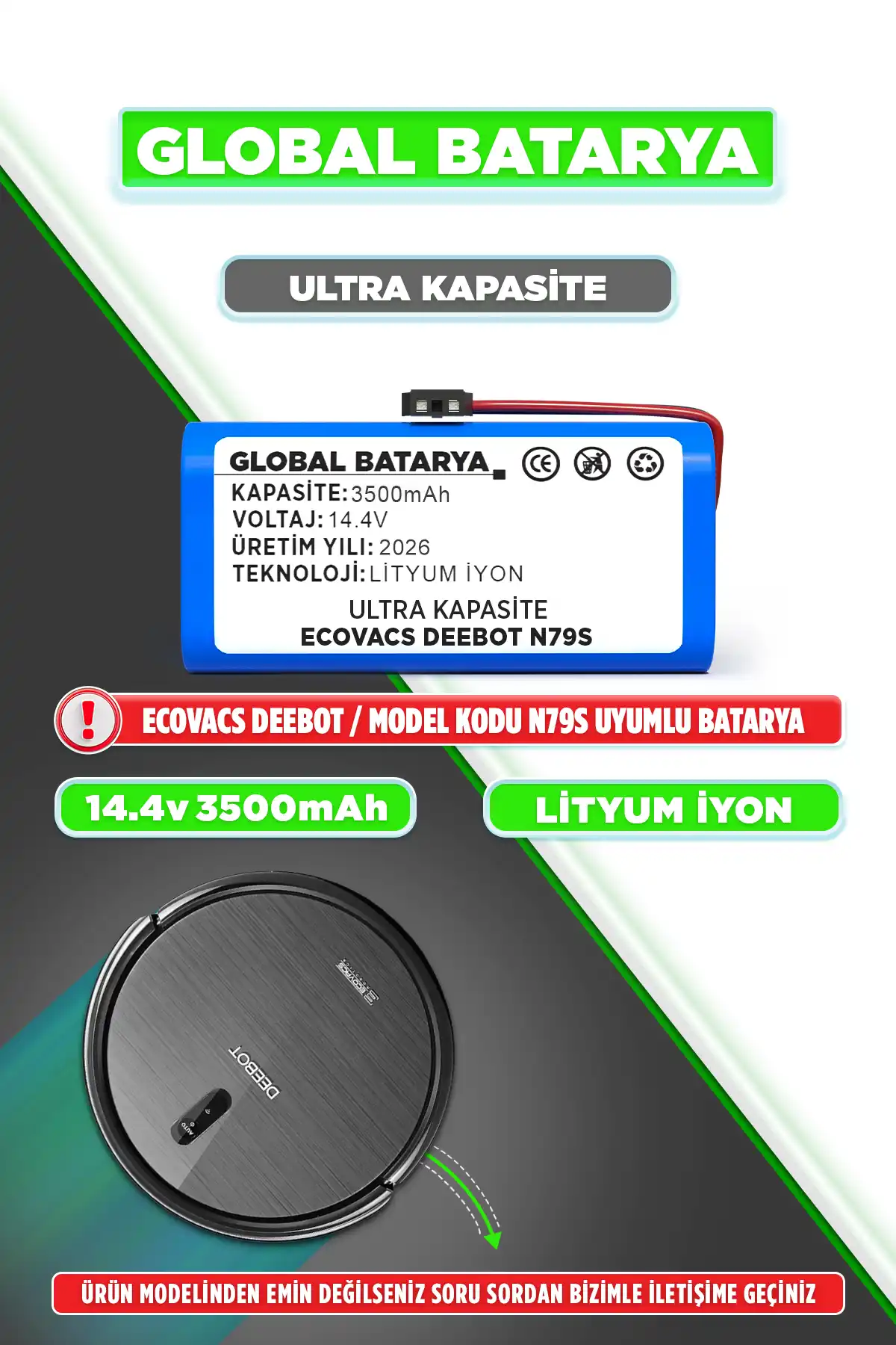 Ecovacs Deebot N79S Robot Süpürge Bataryası 3500mAh