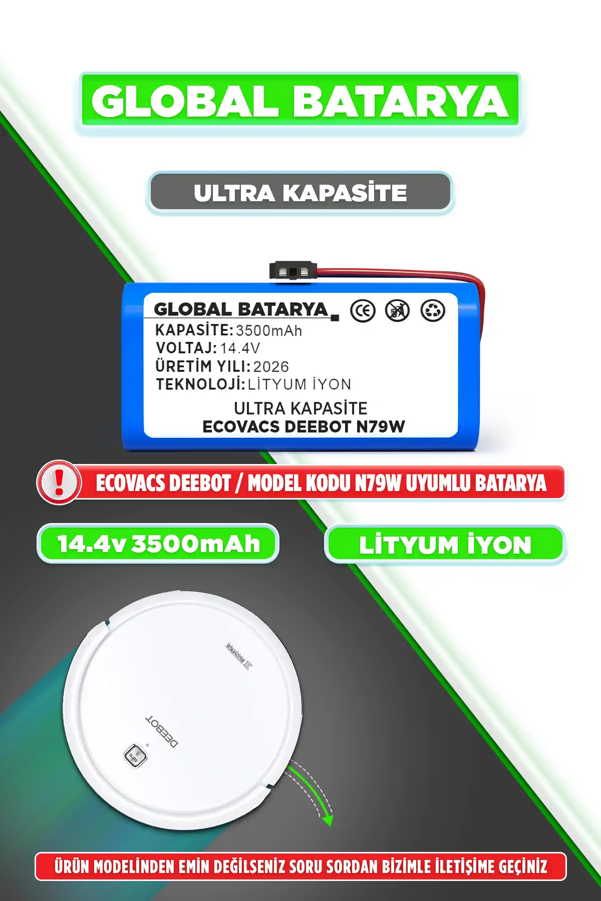 Ecovacs Deebot N79W Robot Süpürge Bataryası 3500mAh