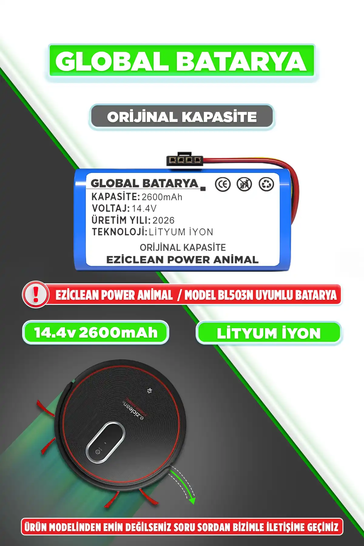 Eziclean Power Animal Robot Süpürge Bataryası 2600mAh Orijinal Kapasite