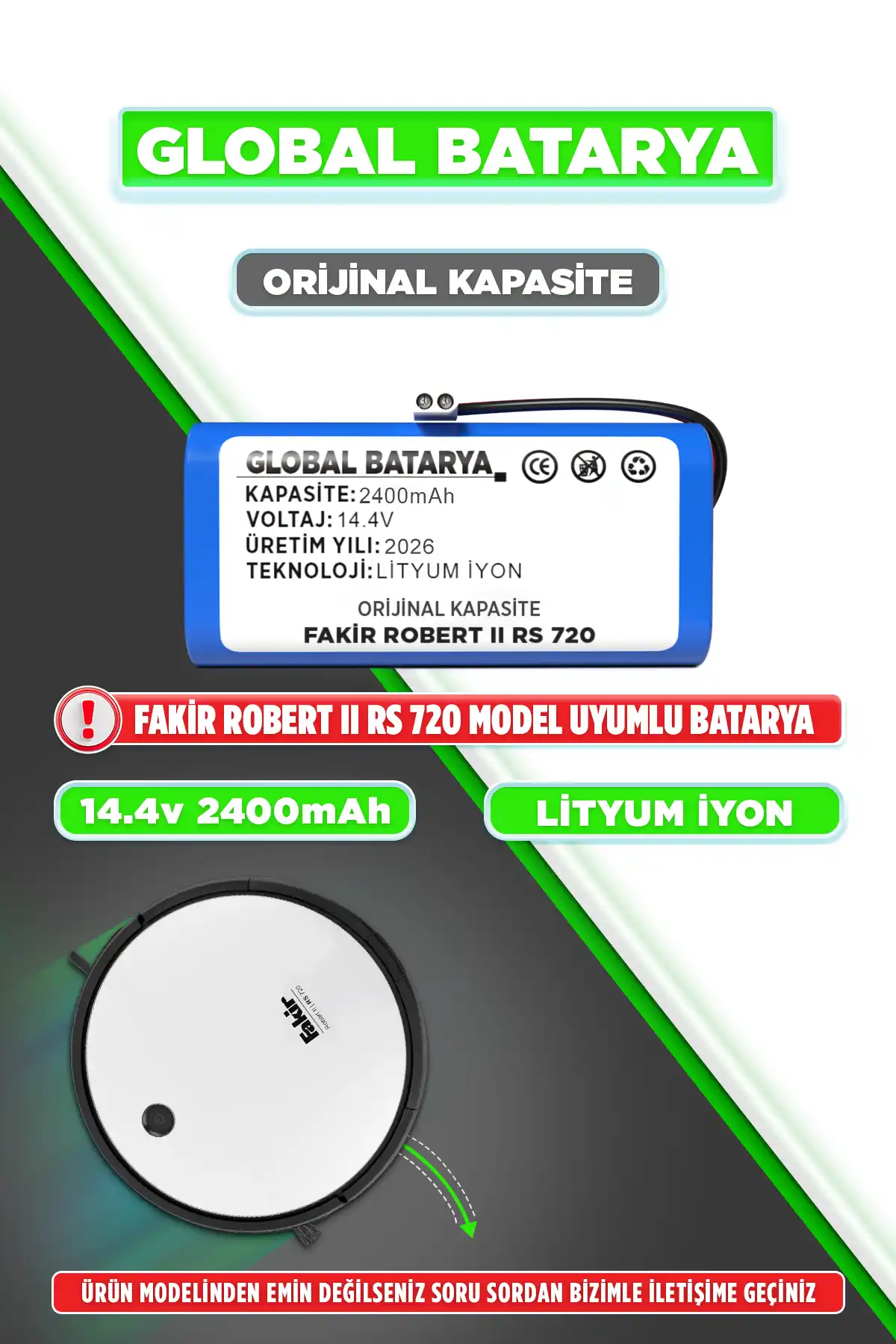 Fakir Robert II Rs 720 Batarya (14.4V 2400mAh) - Orijinal Kapasite