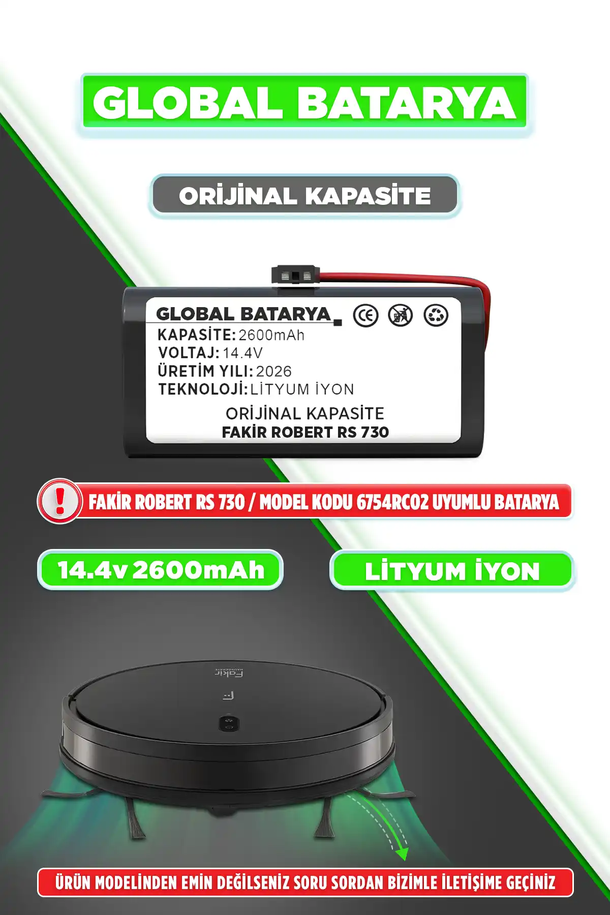 Fakir Robert  Rs 730 Robot Süpürge Bataryası 2600mAh Li-ion Pil (Orijinal Kapasite)