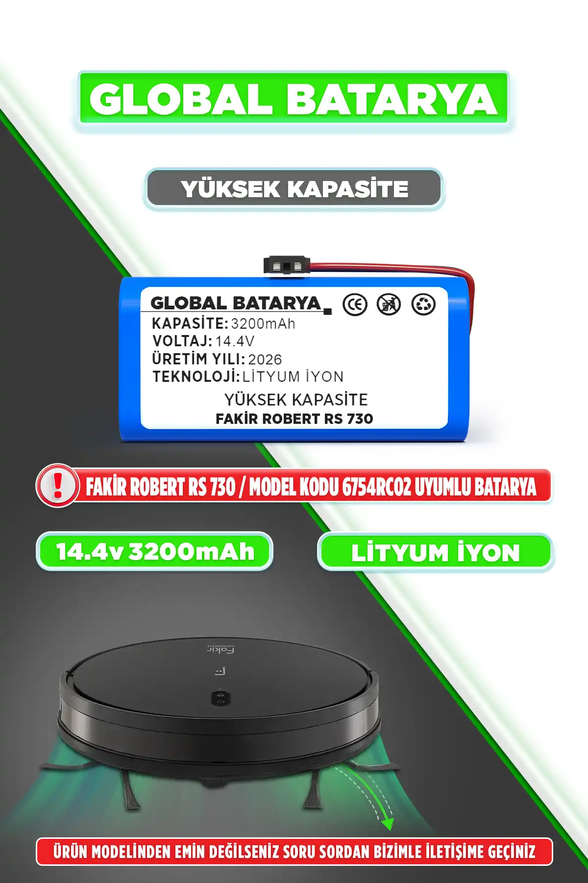 Fakir Robert  Rs 730 Robot Süpürge Bataryası 3200mAh Li-ion Pil (Yüksek Kapasite)