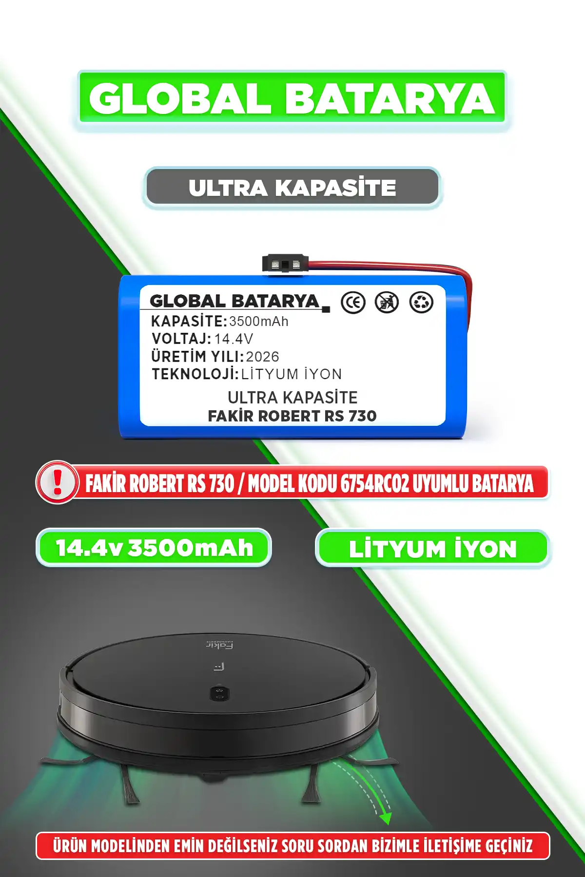 Fakir Robert  Rs 730 Robot Süpürge Bataryası 3500mAh Li-ion Pil (Ultra Kapasite)