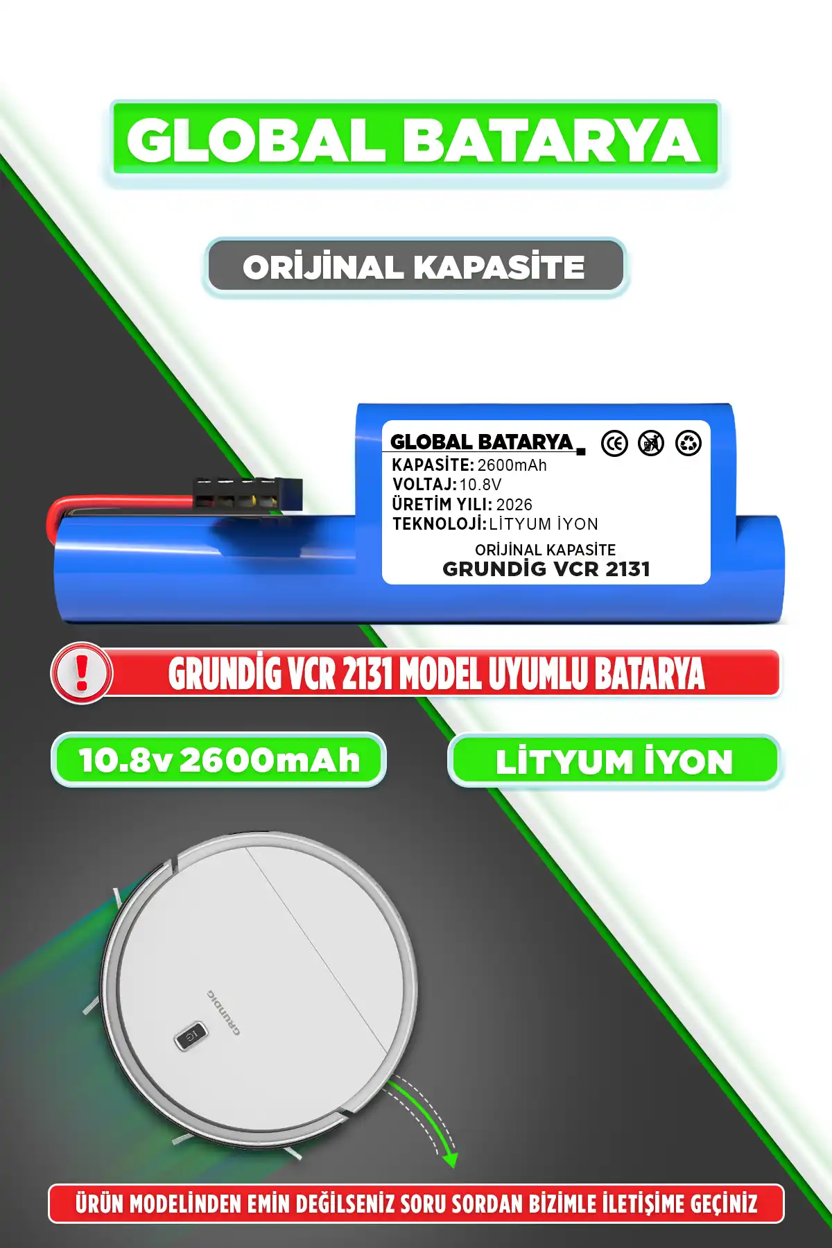 Grundig Vcr 2131 Uyumlu Robot Süpürge Bataryası 10.8V 2600mAh Li-ion Pil (Orijinal Kapasite)