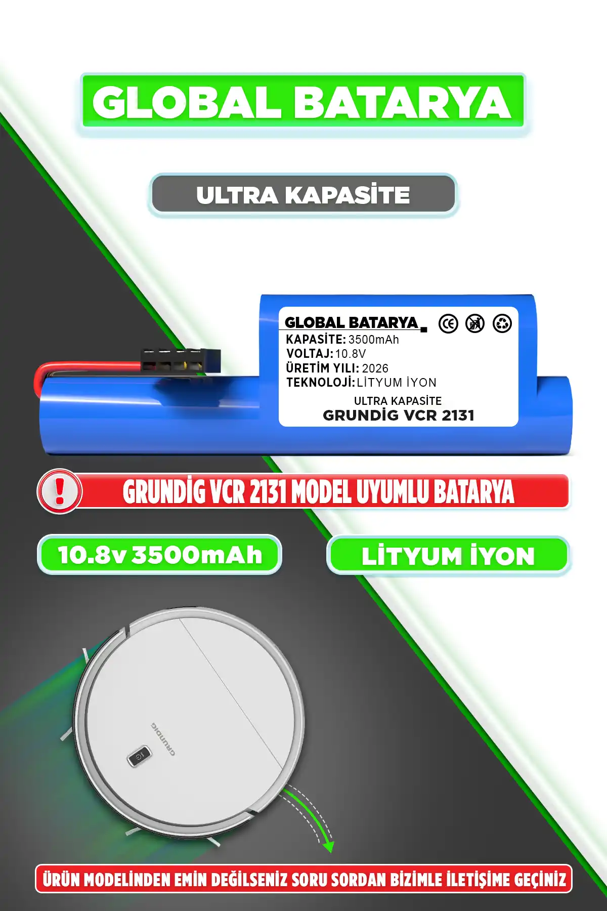 Grundig Vcr 2131 Uyumlu Robot Süpürge Bataryası 10.8V 3500mAh Li-ion Pil (Ultra Kapasite)