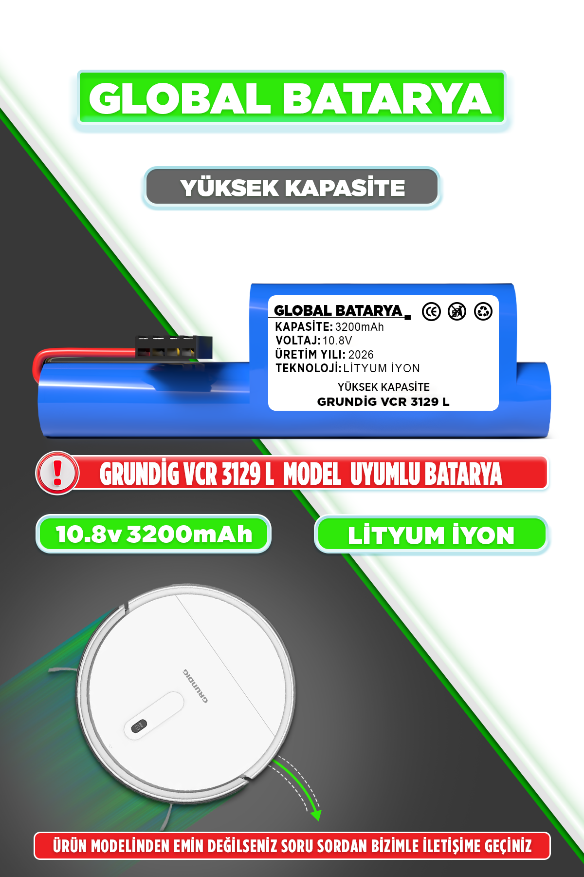 Grundig Vcr 3129 L Uyumlu Robot Süpürge Bataryası 10.8V 3200mAh Li-ion Pil (Yüksek Kapasite)