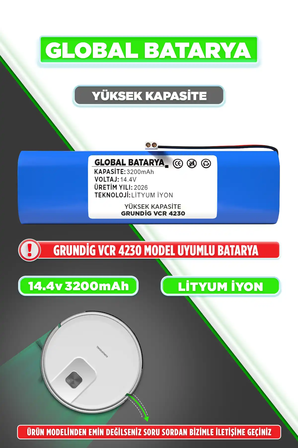 Grundig Vcr 4230 Uyumlu Robot Süpürge Bataryası 14.4V 3200mAh Li-ion Pil (Yüksek Kapasite)