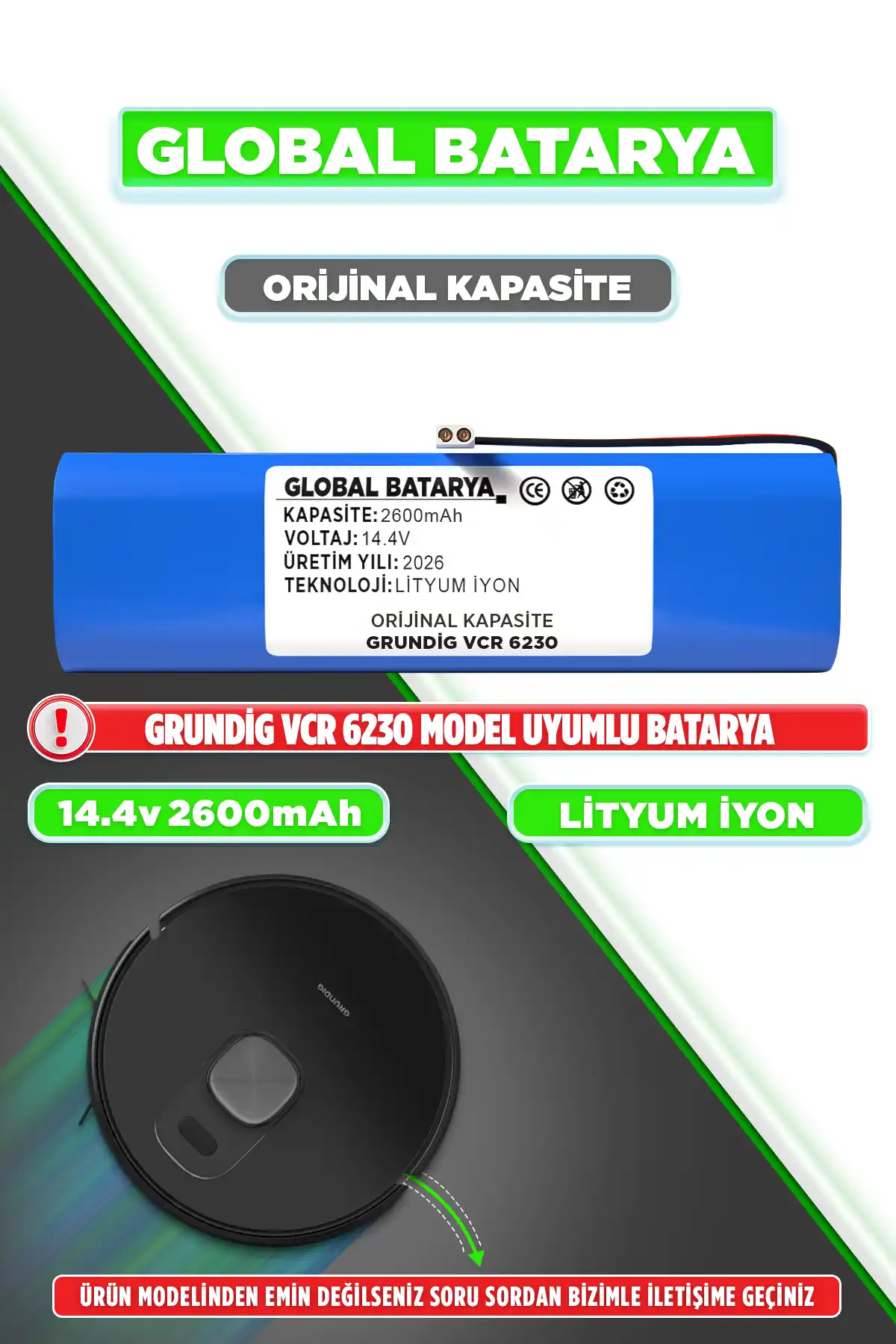 Grundig Vcr 6230 Robot Süpürge Bataryası 2600mAh 14.4V Orijinal Kapasite