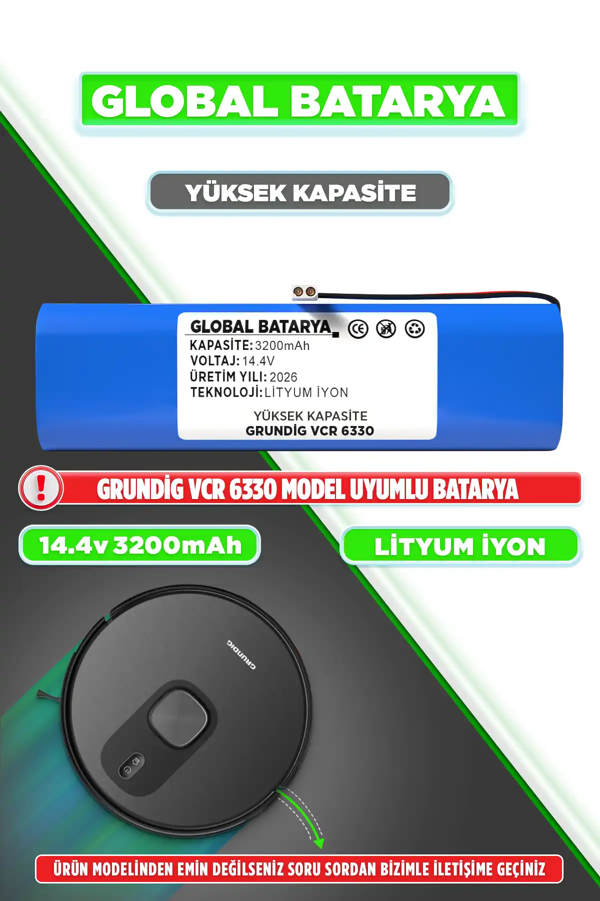 Grundig Vcr 6330 Robot Süpürge Bataryası 3200mAh