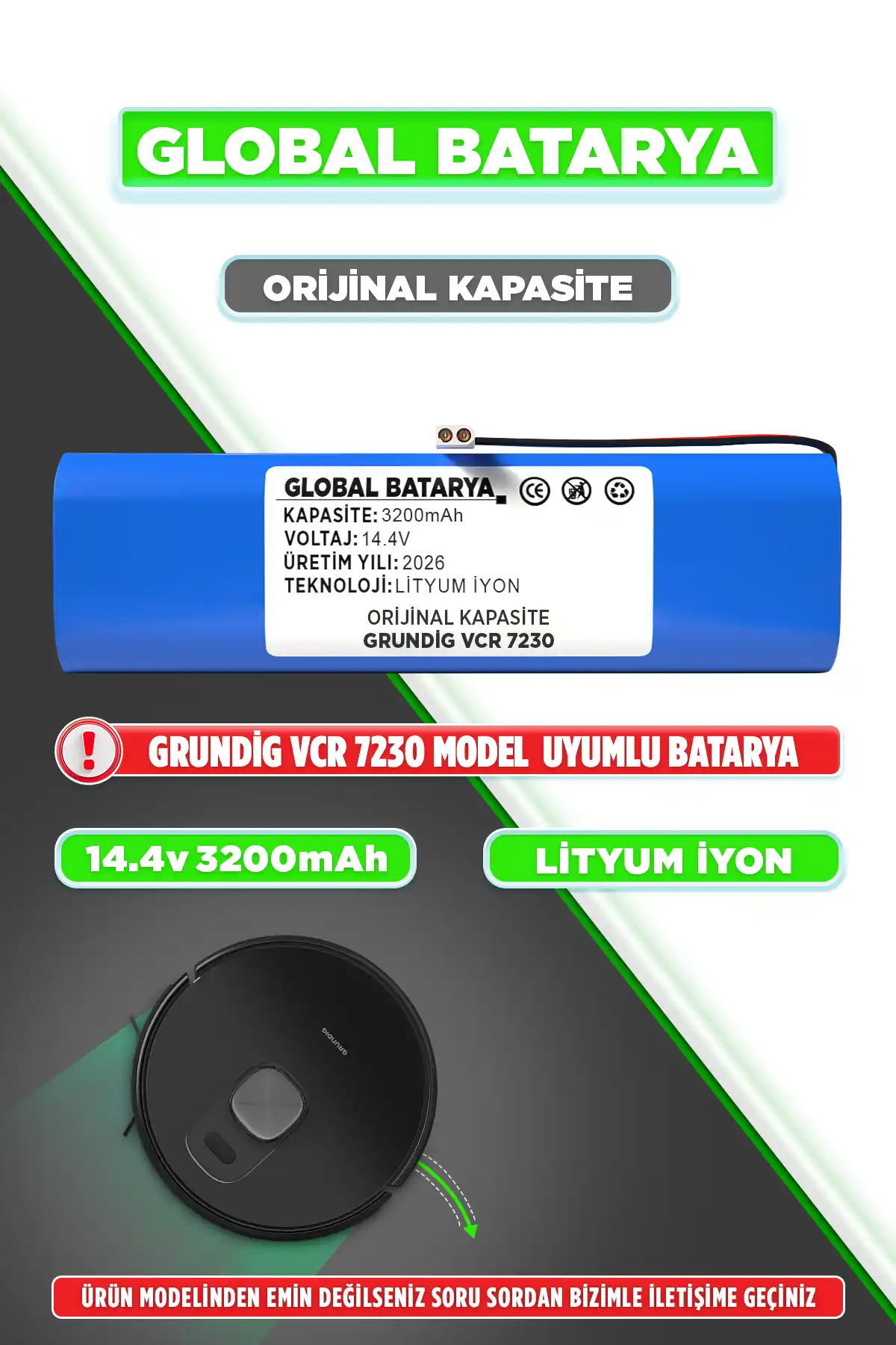 Grundig Vcr 7230 Robot Süpürge Bataryası 3500mAh Yüksek Kapasite