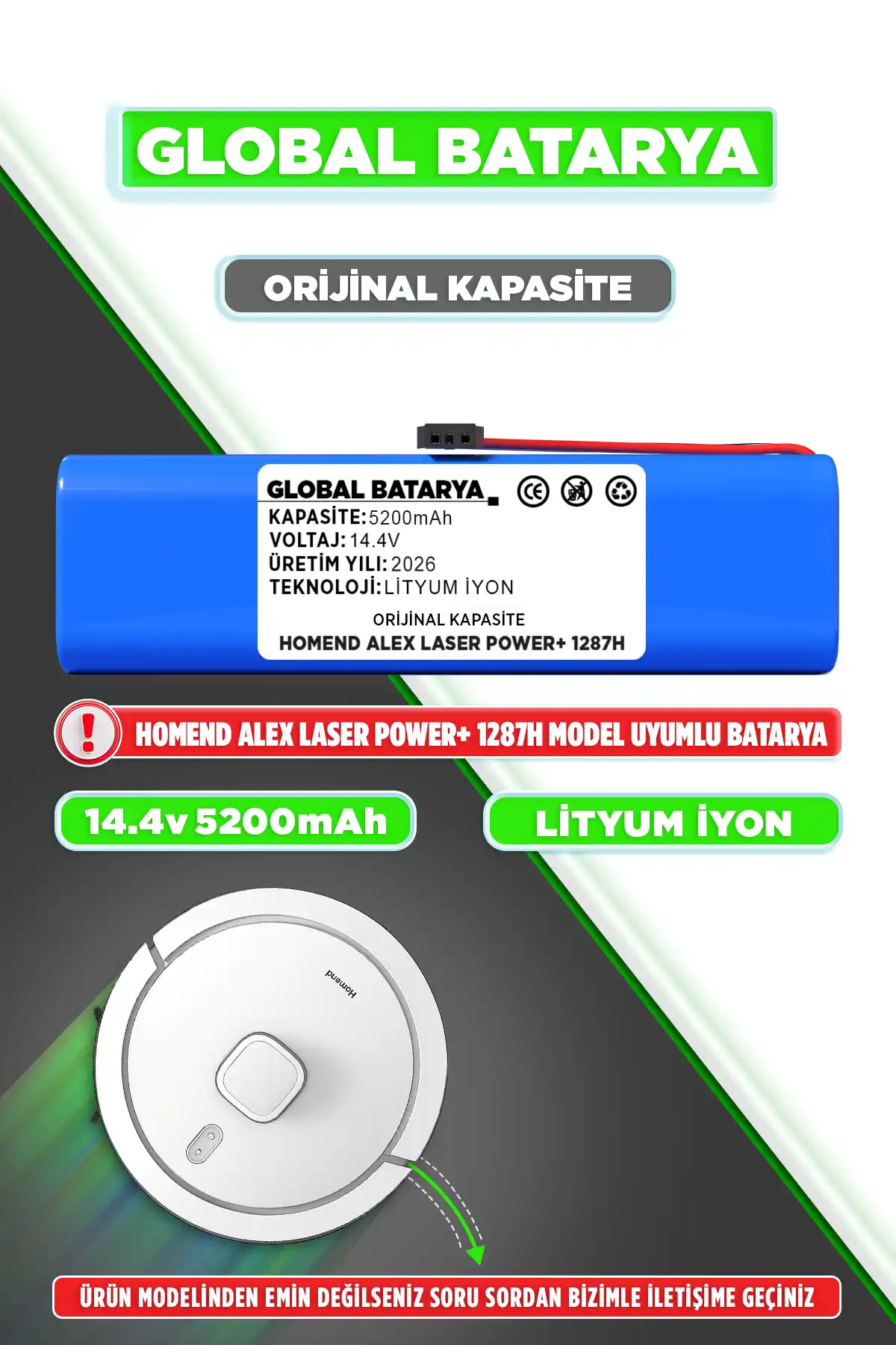 Homend Alex Laser Power 1287H Robot Süpürge Bataryası 5200mAh