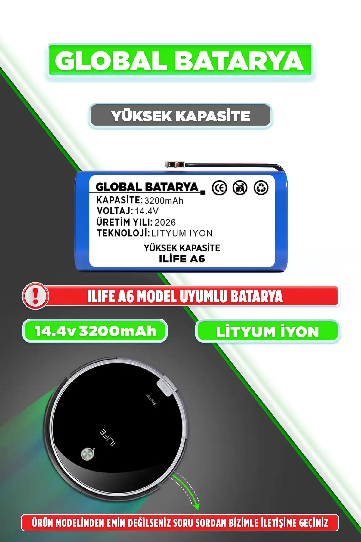 Ilıfe A6 Robot Süpürge Bataryası 3200mAh