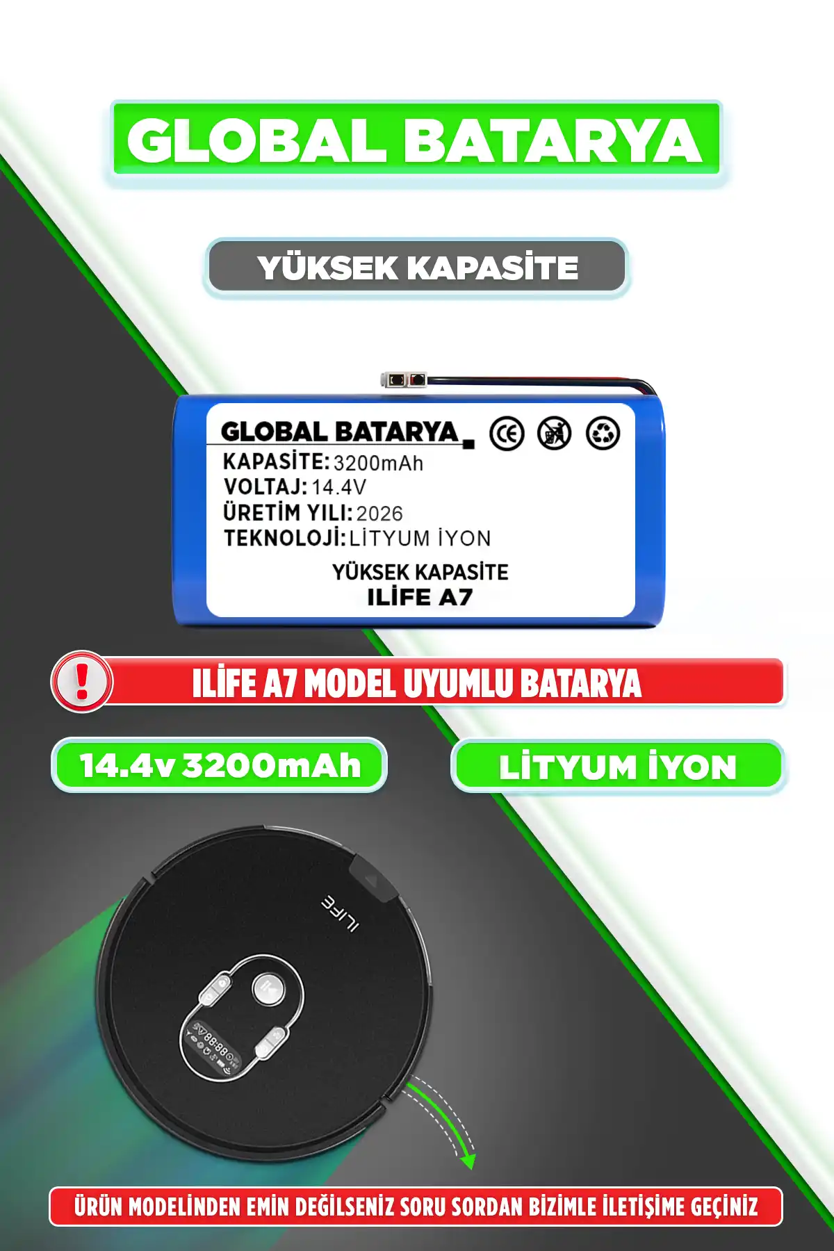Ilıfe A7 Robot Süpürge Bataryası 3200mAh