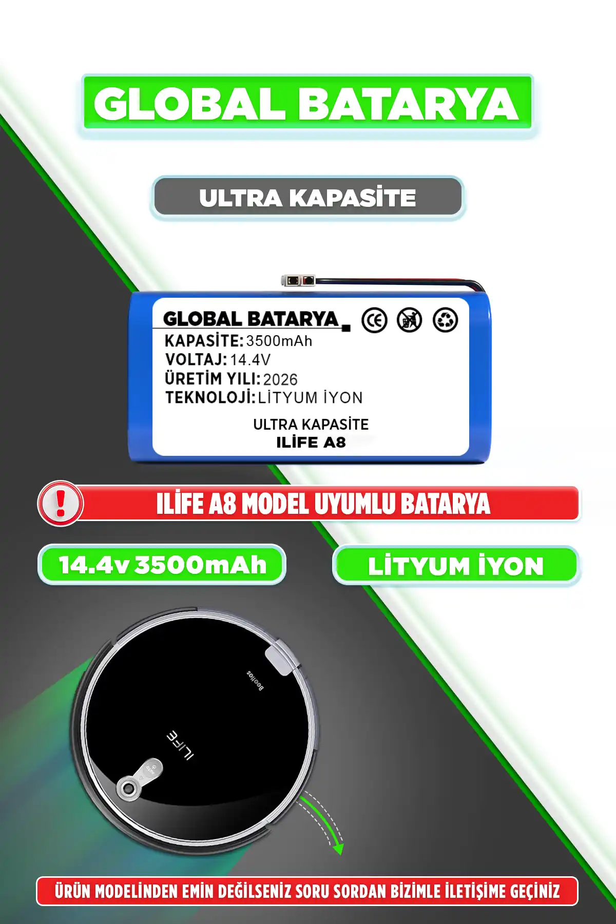 Ilıfe A8 Robot Süpürge Bataryası 3500mAh