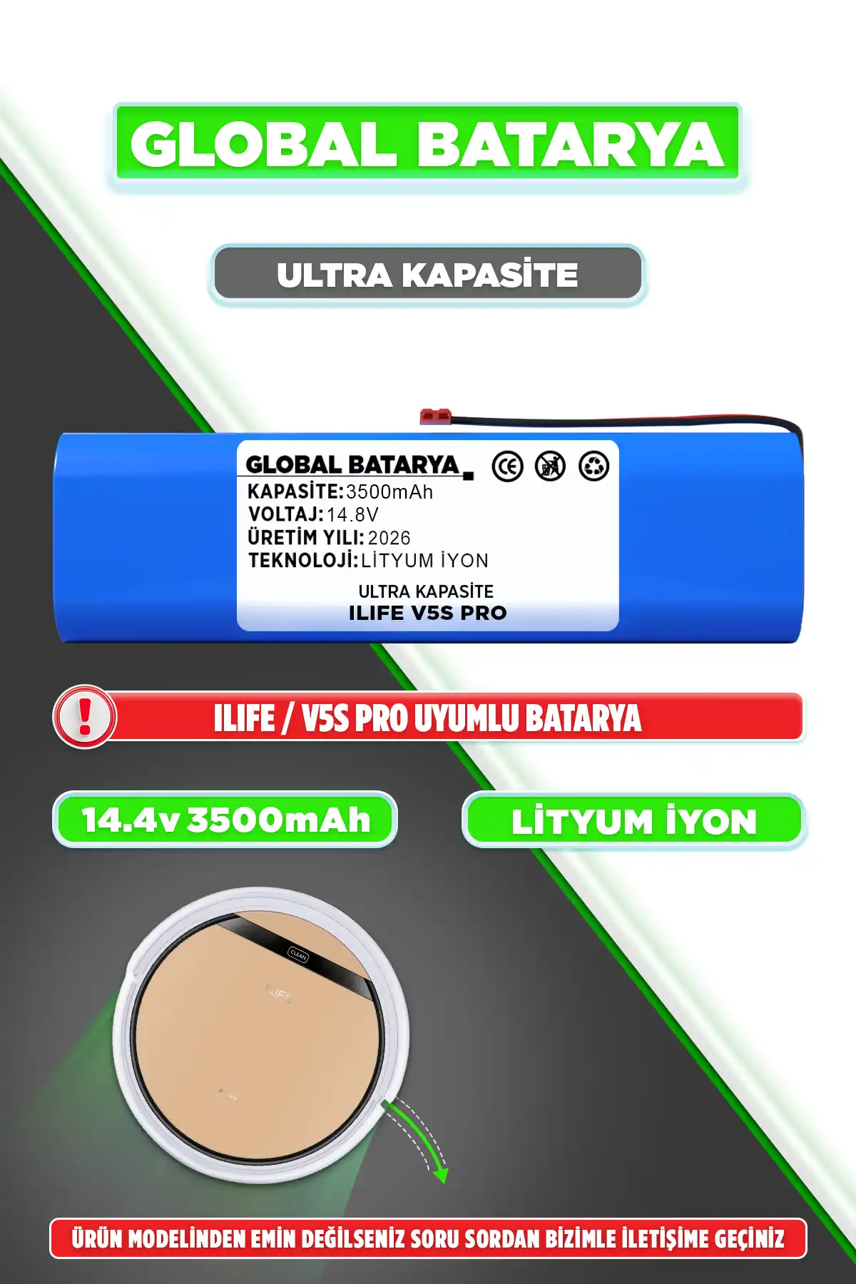 Ilıfe V5s Pro Robot Süpürge Bataryası 3500mAh Li-ion Pil Ultra Kapasite