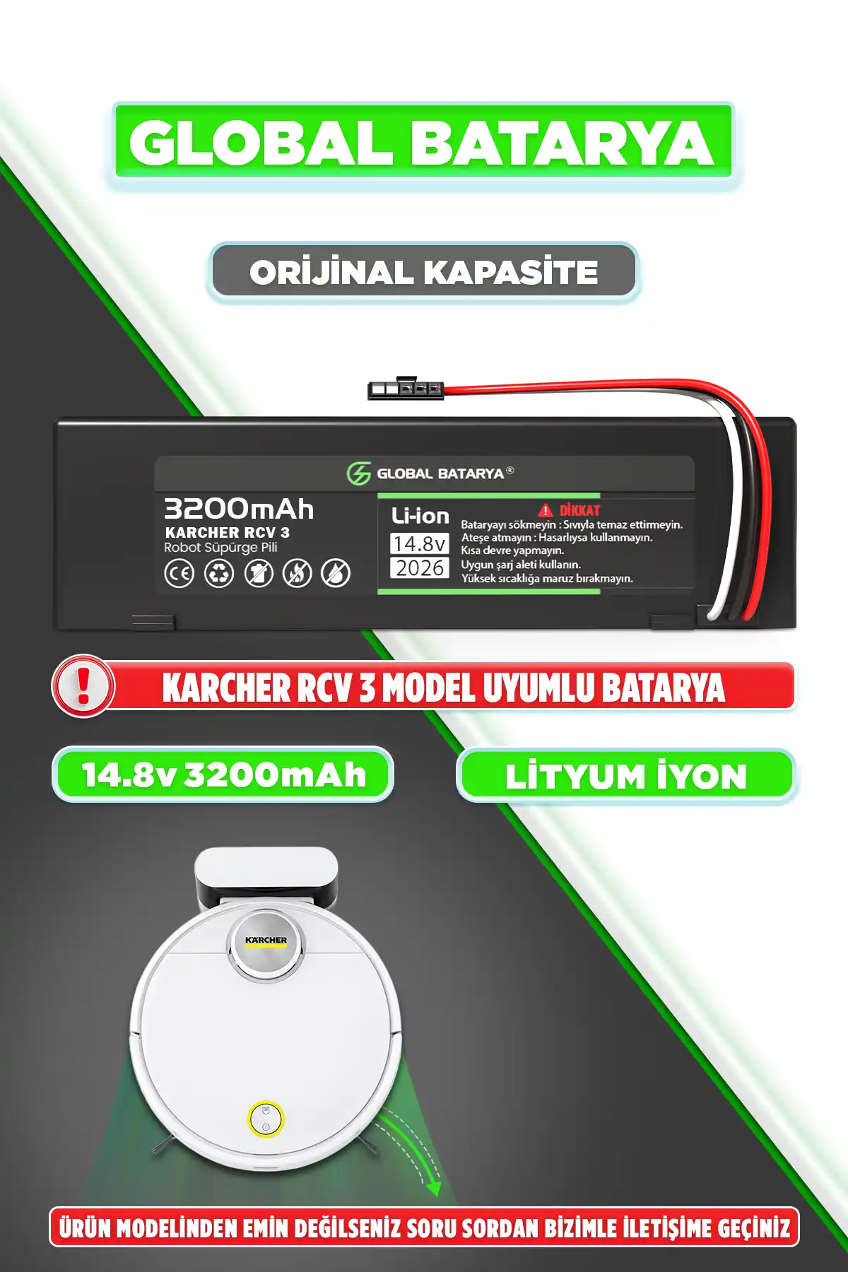 Karcher RCV Robot Süpürge Bataryası 3200mAh Orijinal Kapasite
