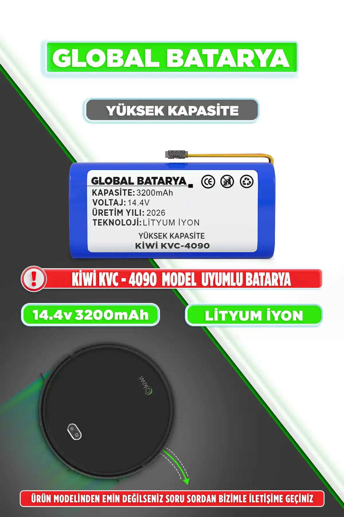 Kiwi KVC 4090 Uyumlu Robot Süpürge Bataryası 14.4v 3200mAh Li-ion Pil (Yüksek Kapasite)