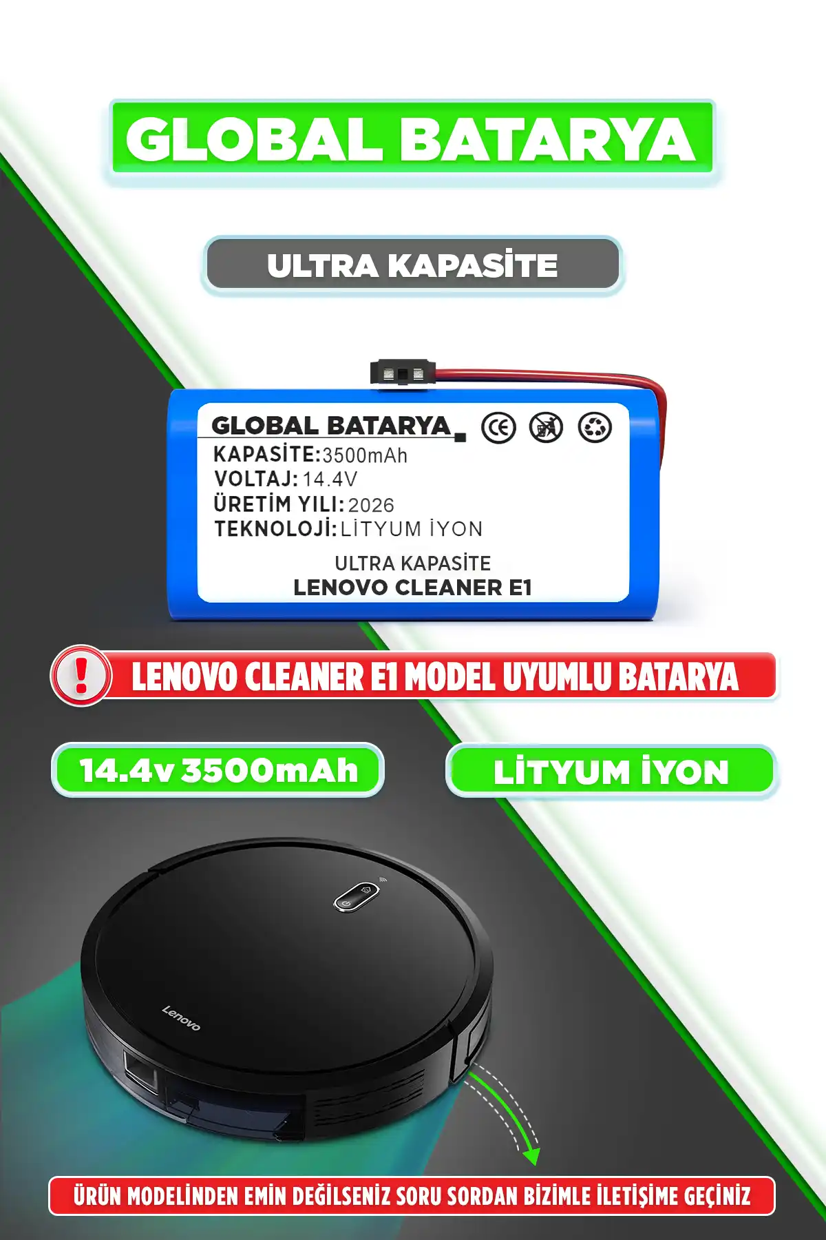 Lenovo Robot Vacuum Cleaner E1 Robot Süpürge Bataryası 3500mAh